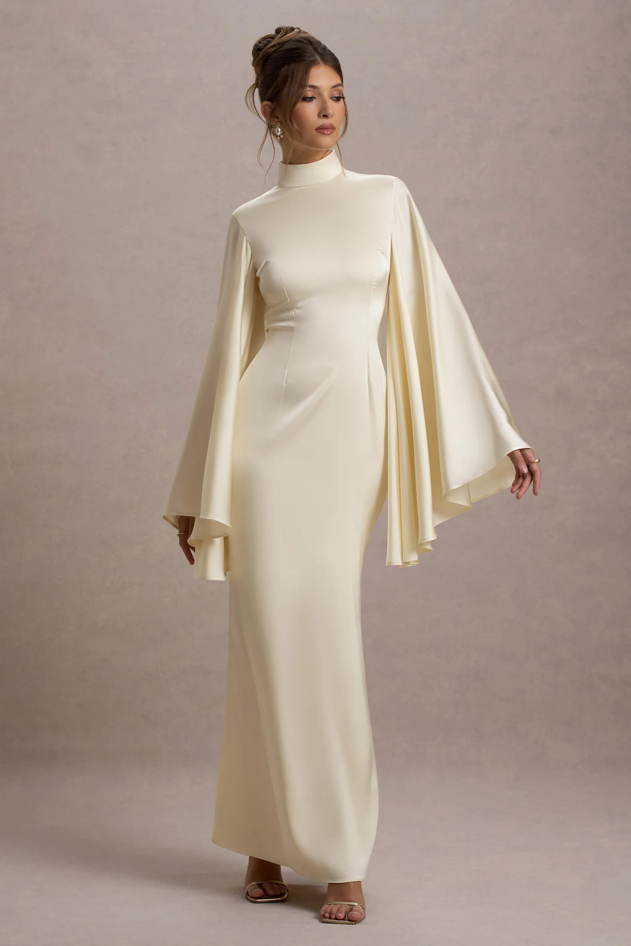 Maceline | Ecru Satin High-Neck Maxi Dress With Cape Sleeves