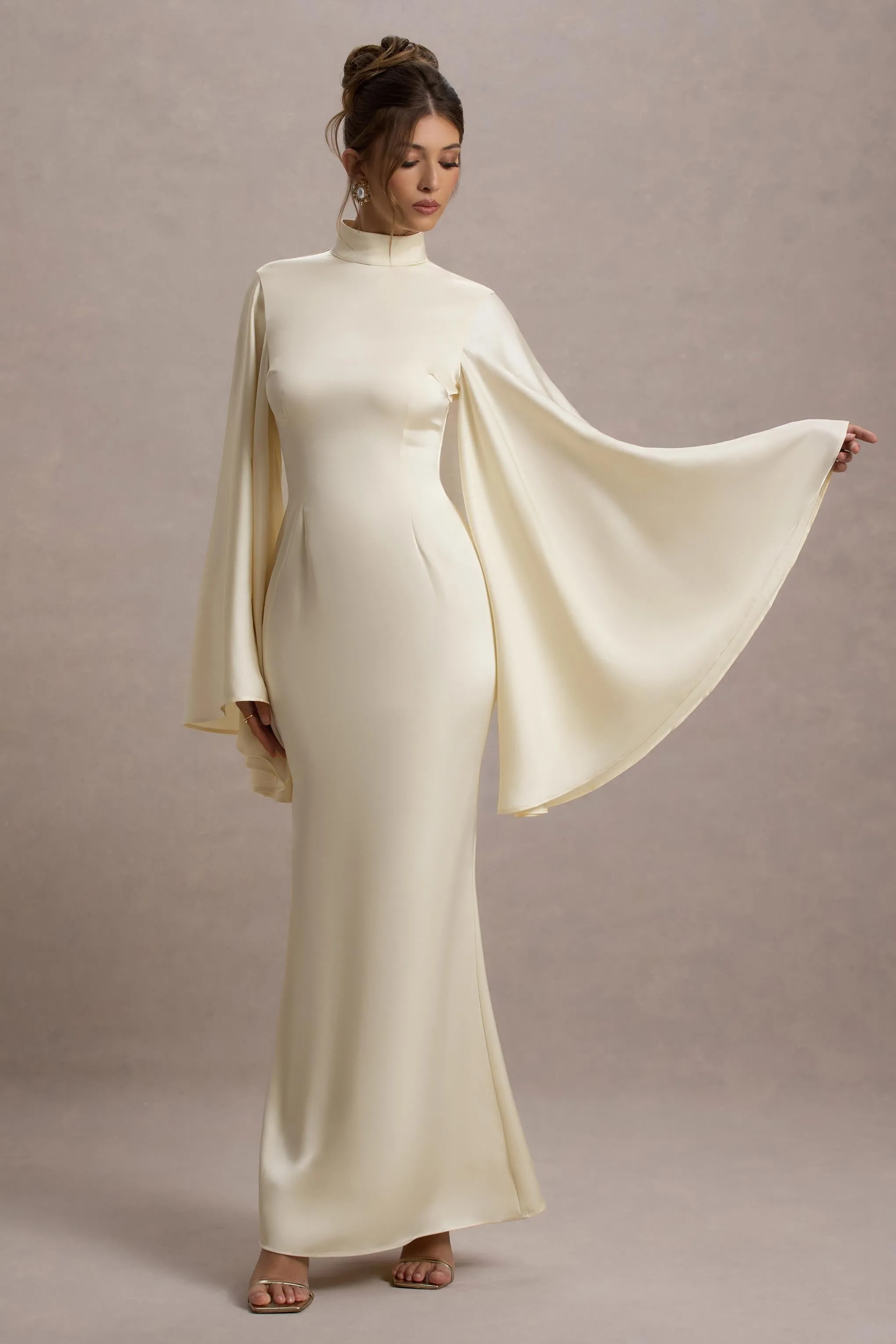 Maceline | Ecru Satin High-Neck Maxi Dress With Cape Sleeves