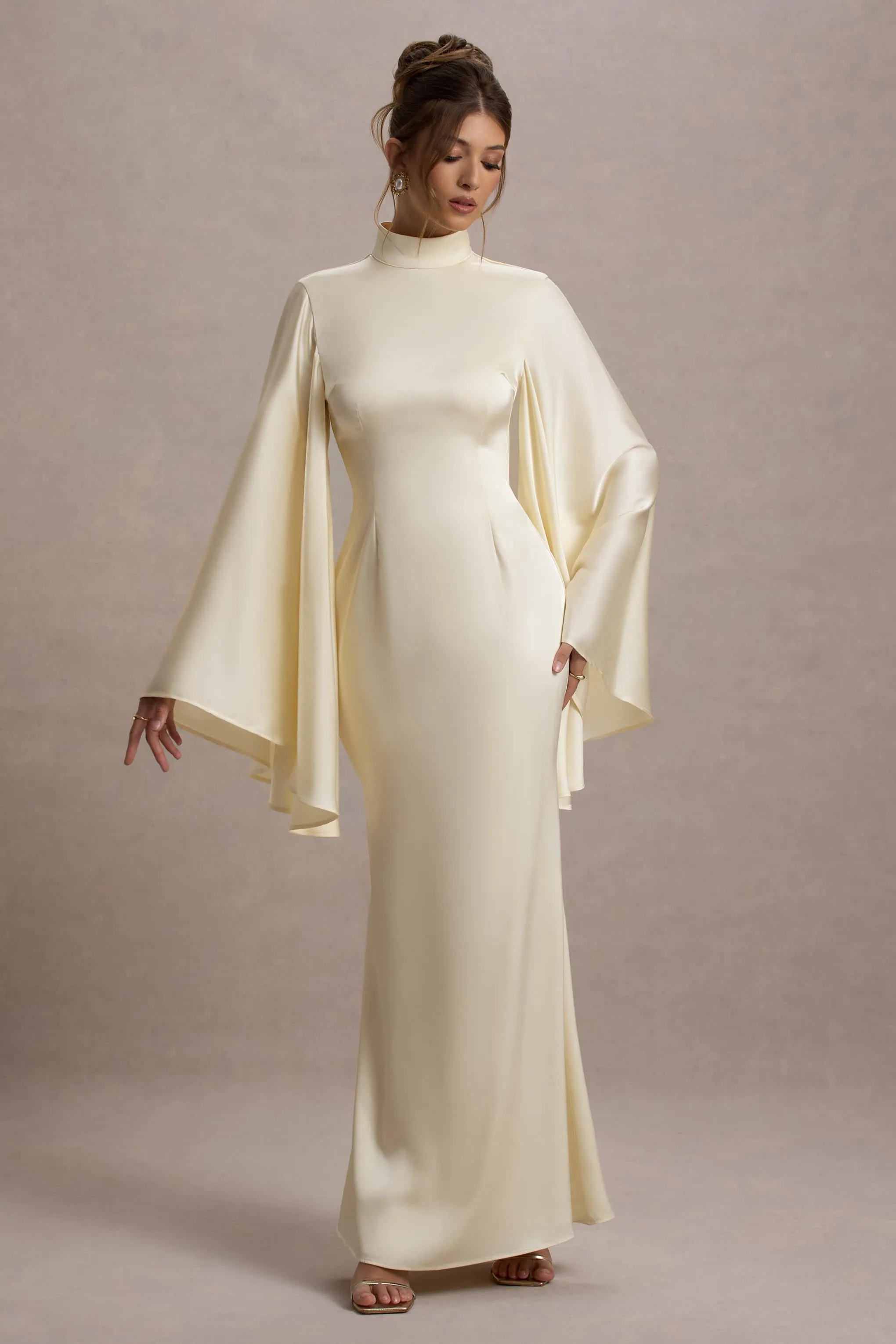 Maceline | Ecru Satin High-Neck Maxi Dress With Cape Sleeves