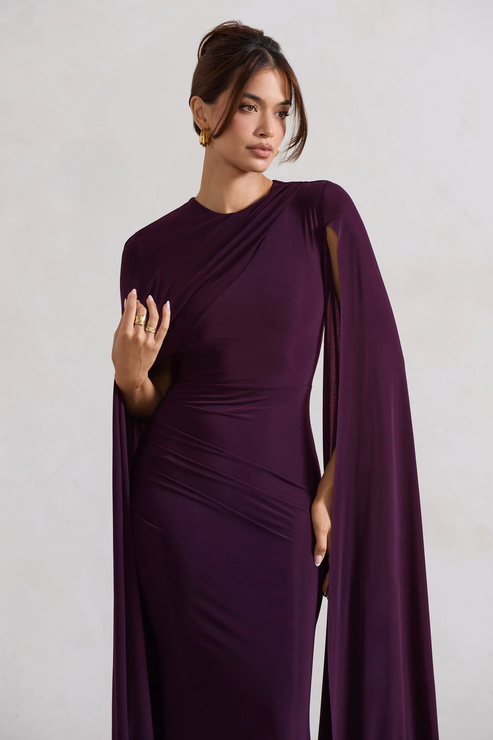 Magdelena | Plum Asymmetric Cape Maxi Dress