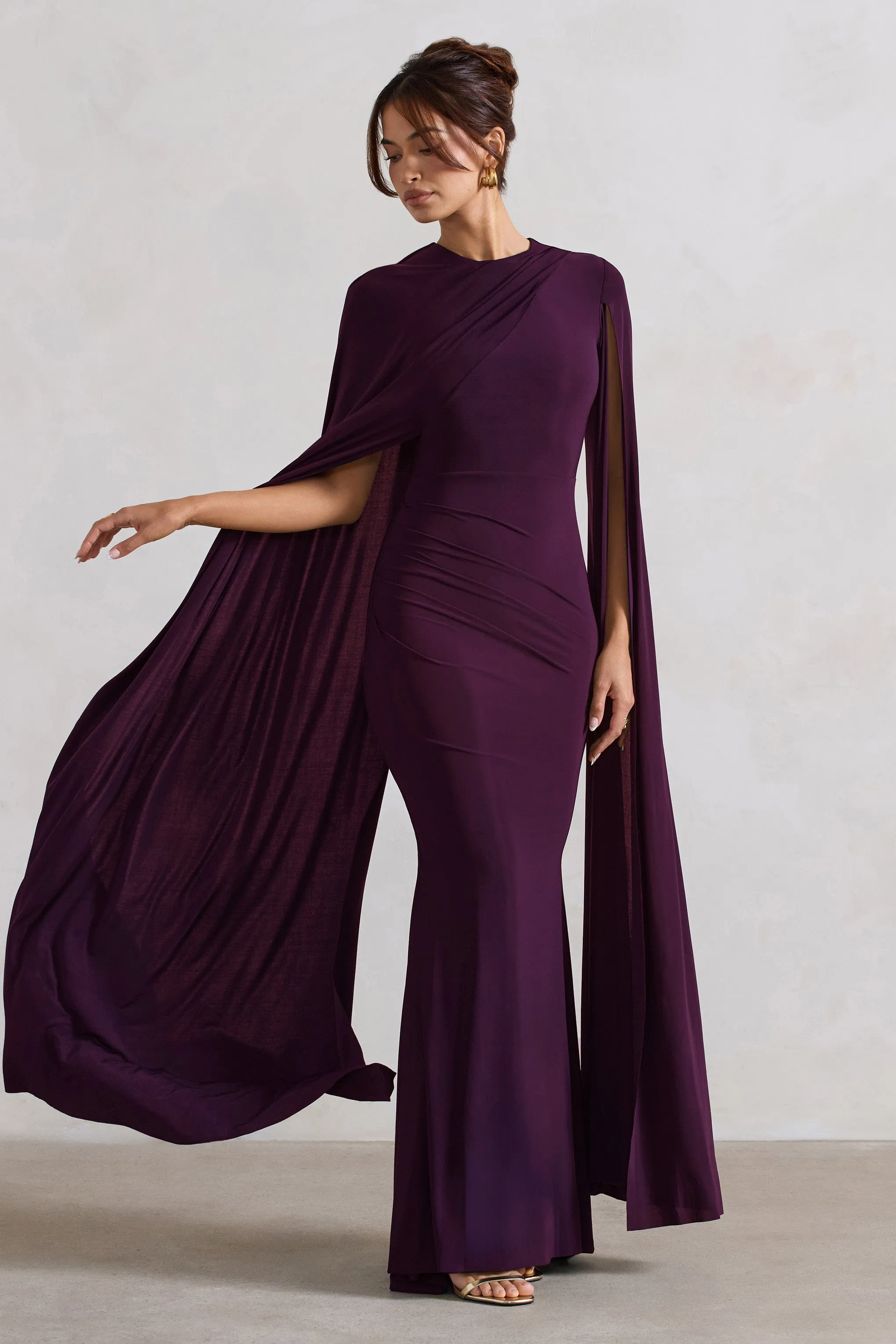 Magdelena | Plum Asymmetric Cape Maxi Dress