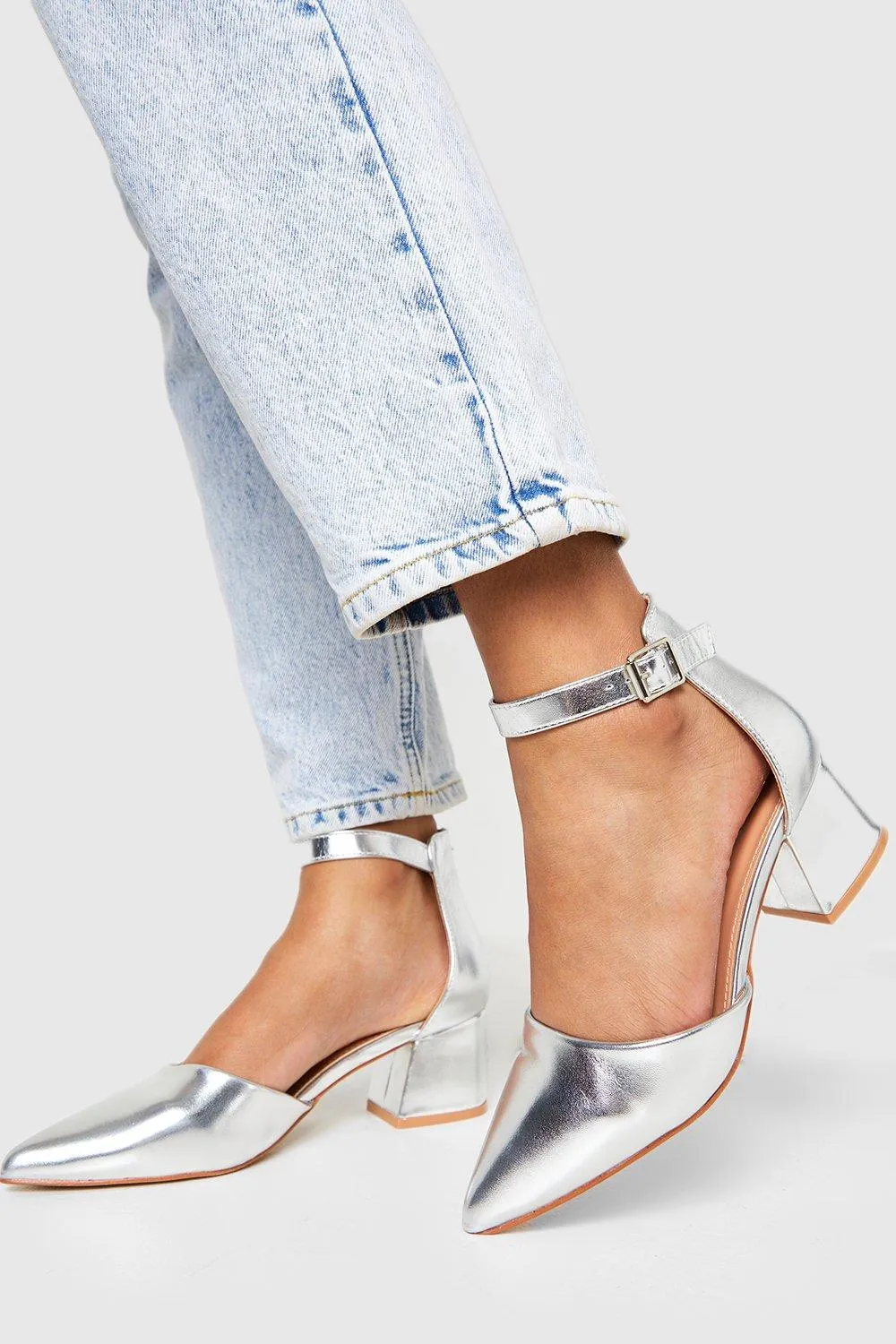 Metallic 2 Part Low Block Pointed Heels