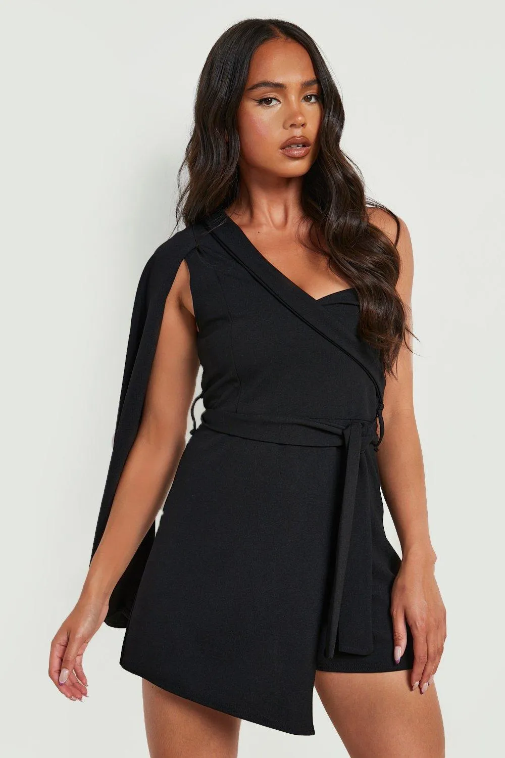 Petite Cape Sleeve Tailored Belted Romper