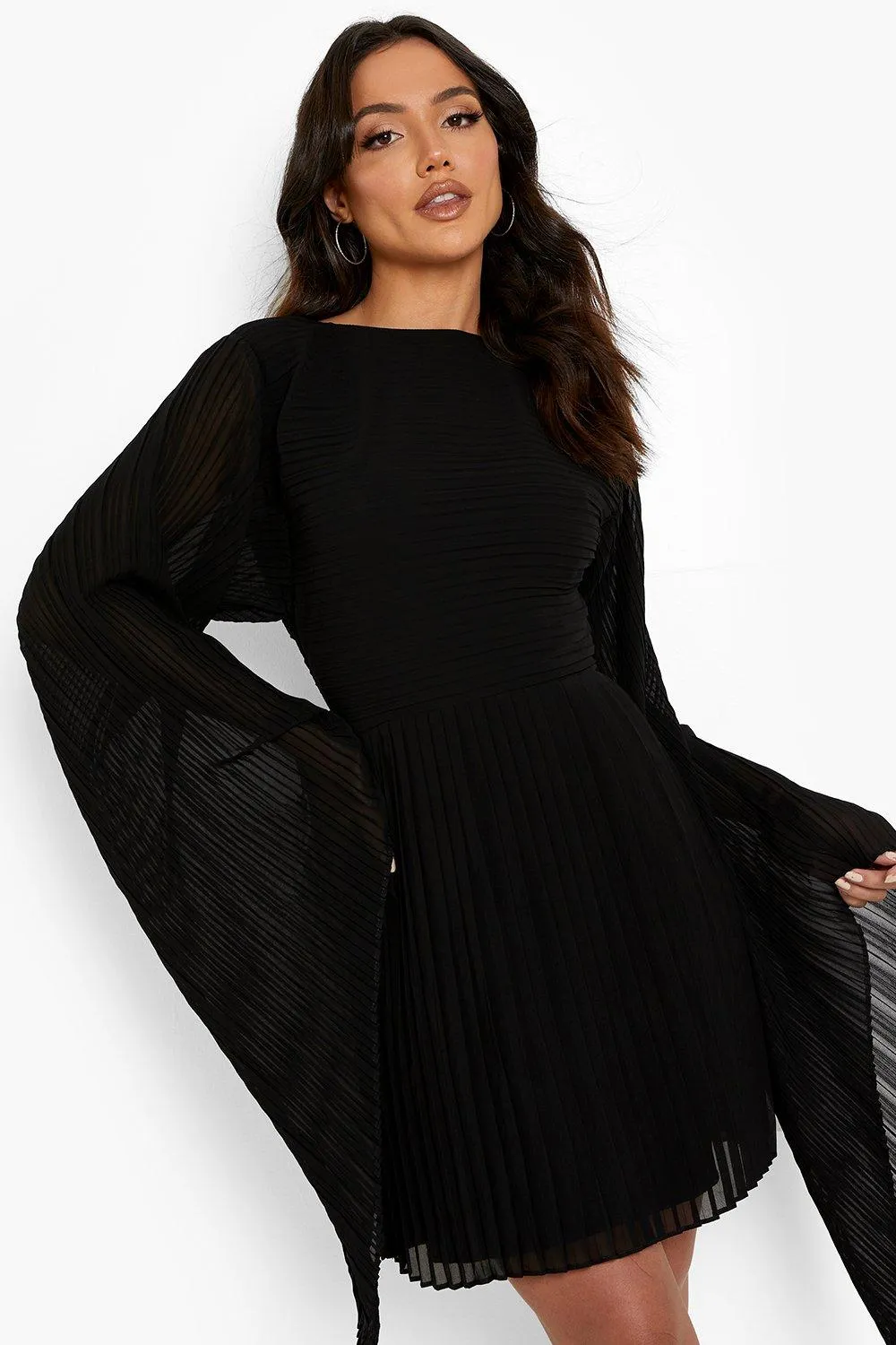 Pleated Cape Sleeve Mini Dress