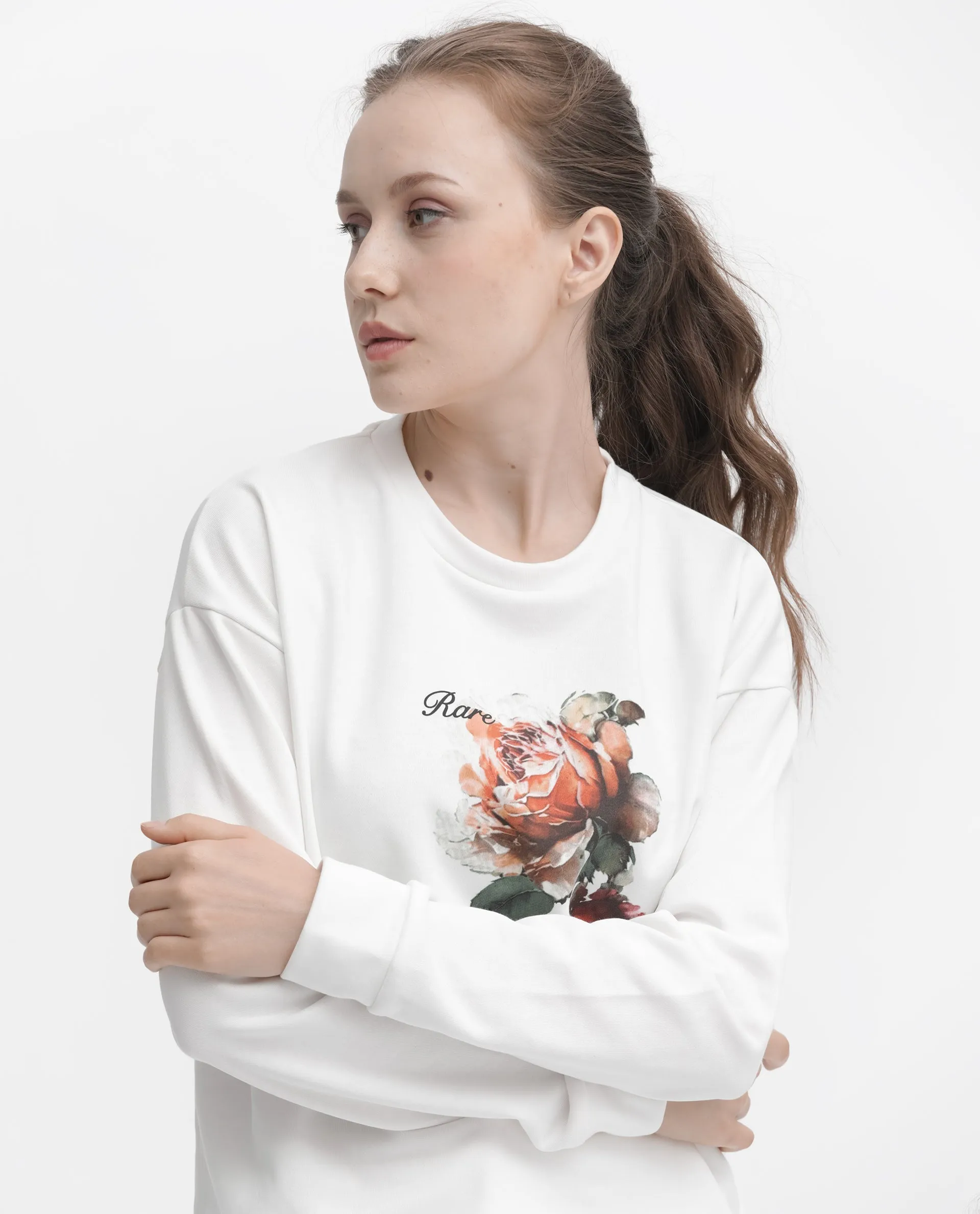 Rareism Articale Women Curtin Off White Poly Cotton Fabric Full Sleeves Crew Neck Regular Fit Graphic Print Sweatshirt