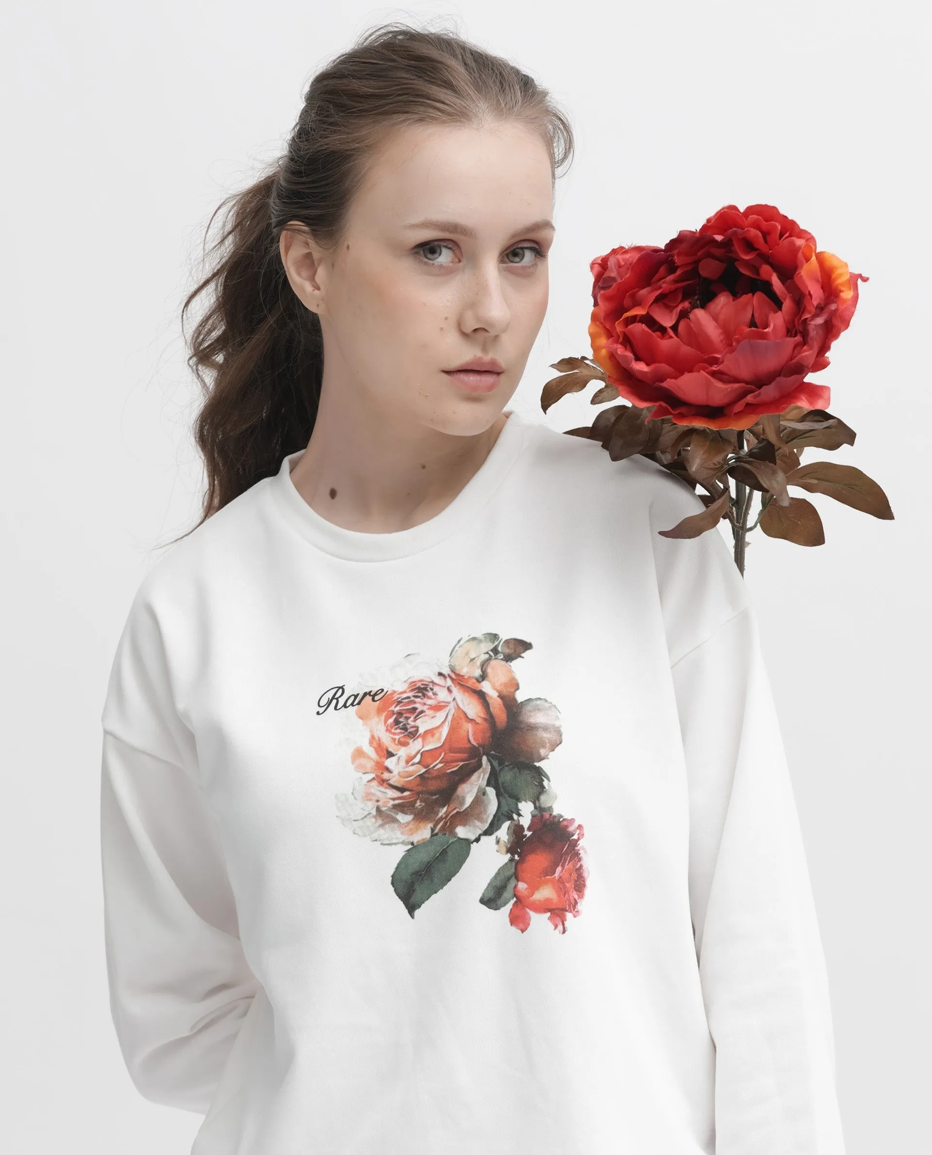 Rareism Articale Women Curtin Off White Poly Cotton Fabric Full Sleeves Crew Neck Regular Fit Graphic Print Sweatshirt