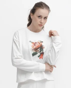 Rareism Articale Women Curtin Off White Poly Cotton Fabric Full Sleeves Crew Neck Regular Fit Graphic Print Sweatshirt