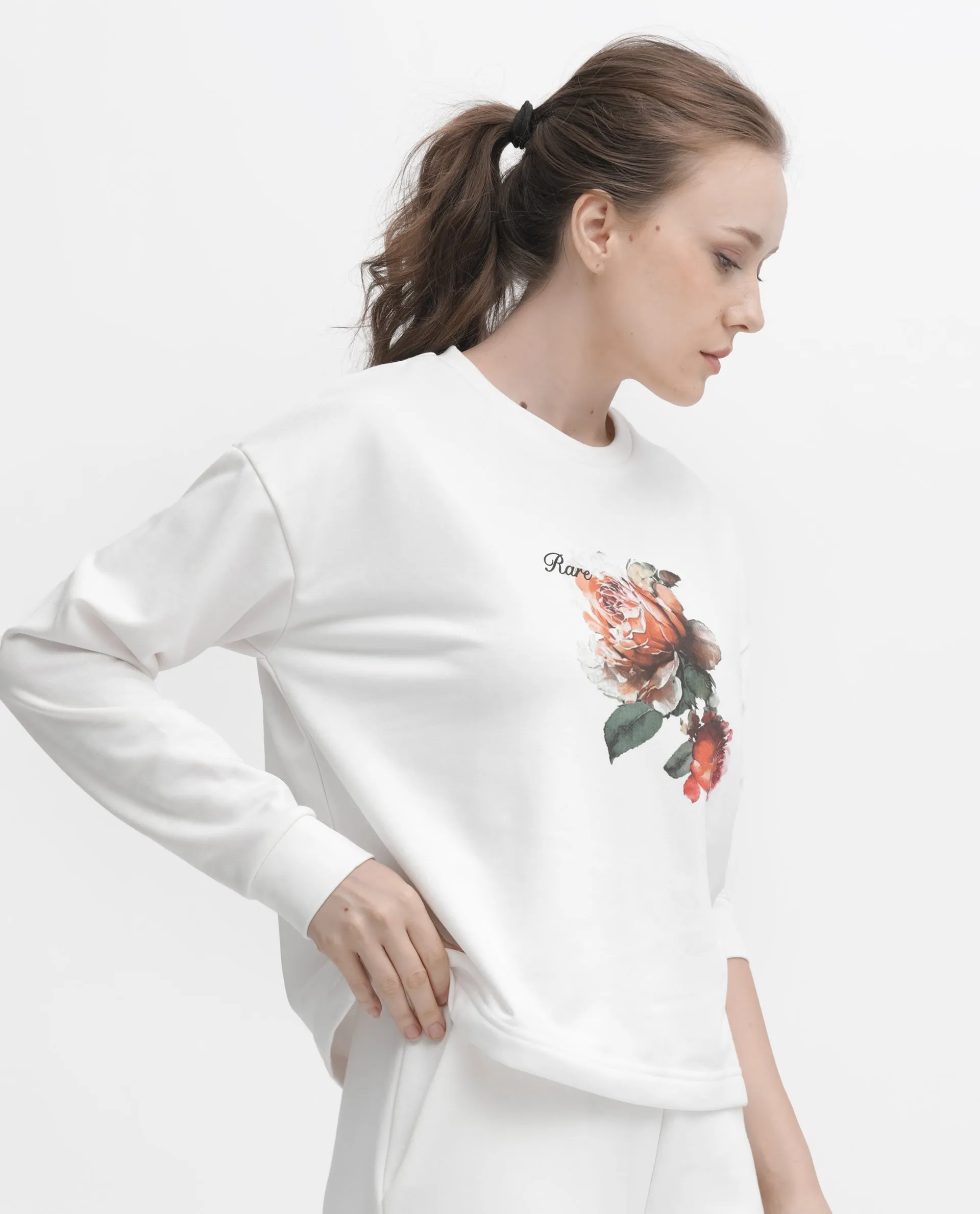 Rareism Articale Women Curtin Off White Poly Cotton Fabric Full Sleeves Crew Neck Regular Fit Graphic Print Sweatshirt