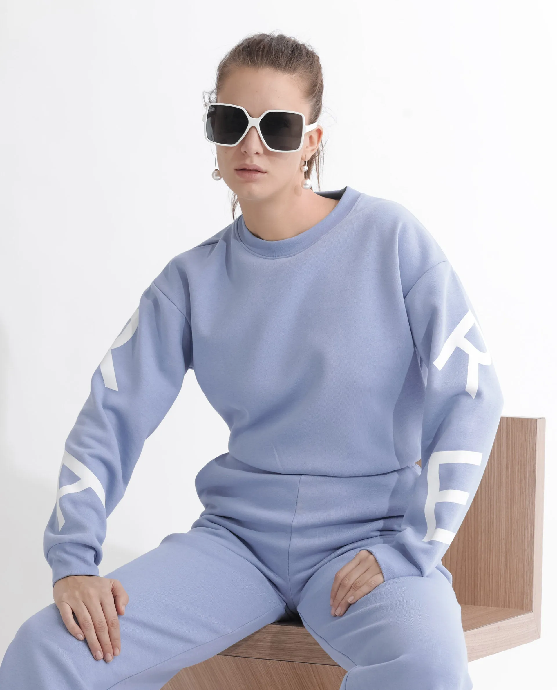 Rareism Articale Women Jonice Light Blue Poly Cotton Fabric Full Sleeves Crew Neck Regular Fit Graphic Print Cropped Sweatshirt