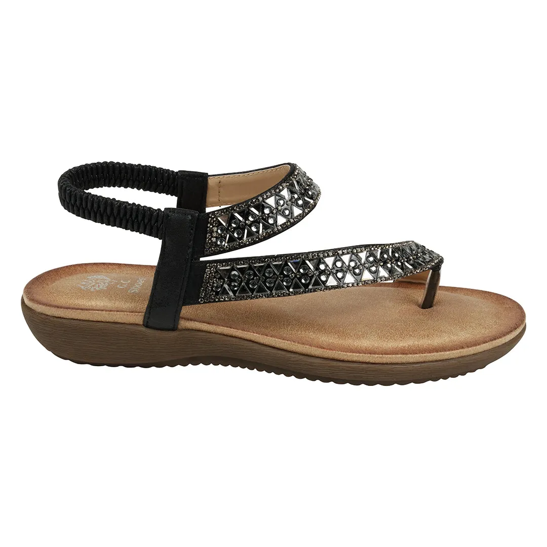 Reille Black Jeweled Asymmetrical Slingback Flat Sandals