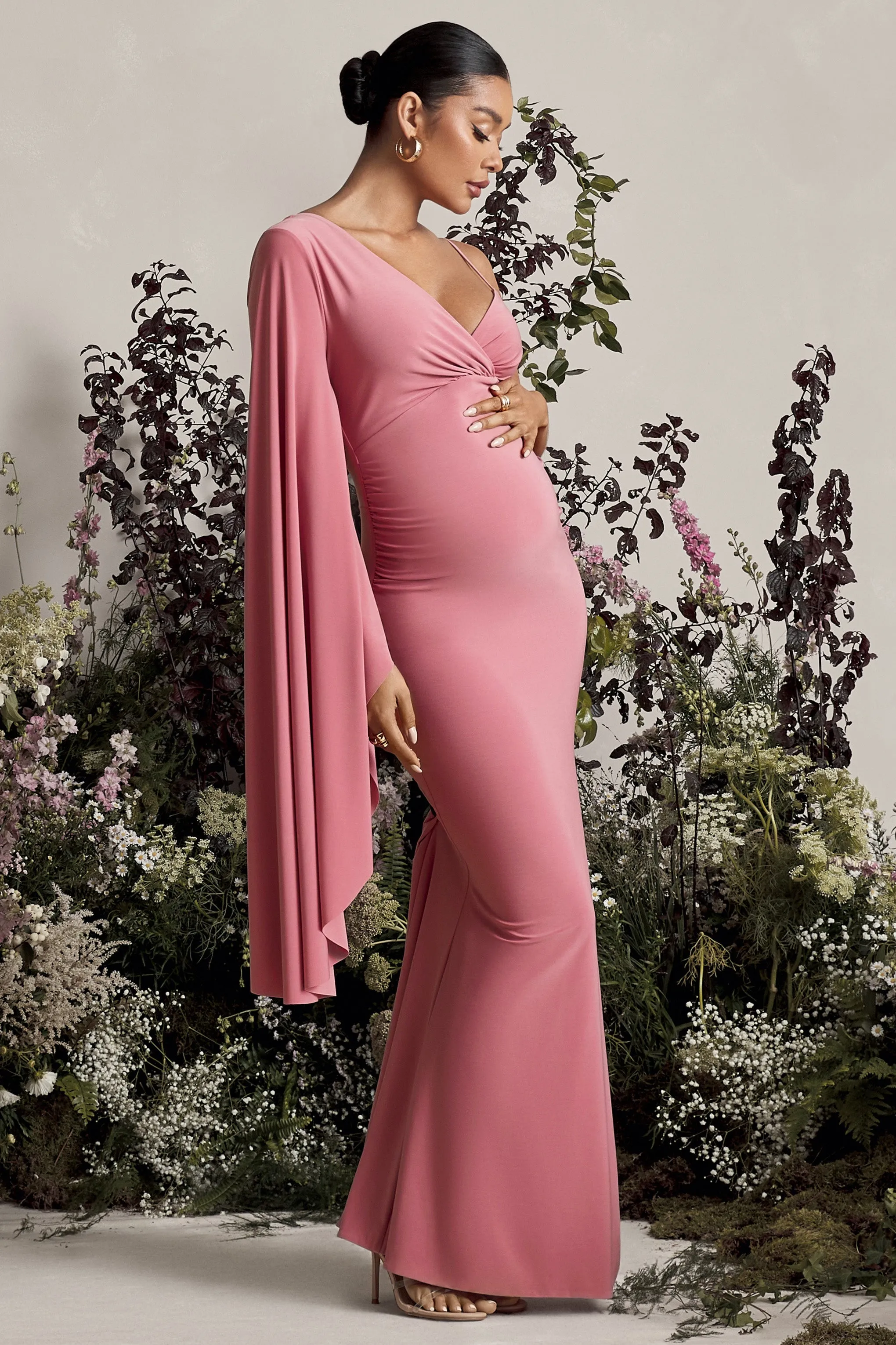 Rhea | Blush Pink V-Neck Split Maternity Maxi Dress With Cape Sleeve