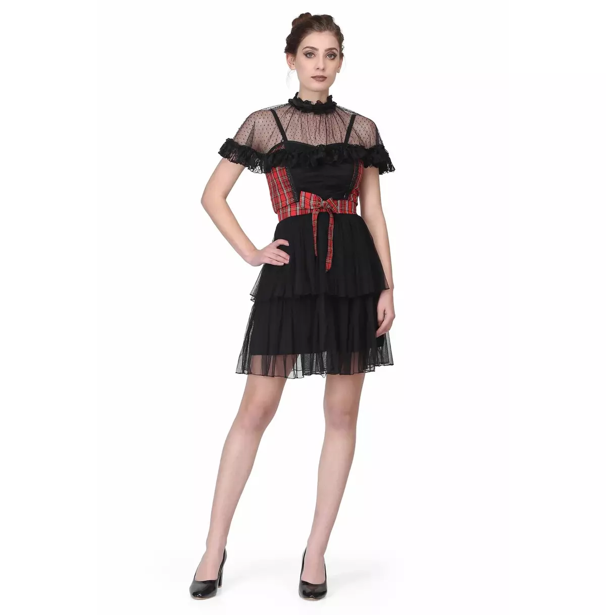 Short Black Gothic Dress With Checkered Print and Sheer Polka Dot Mesh Shoulder Cape