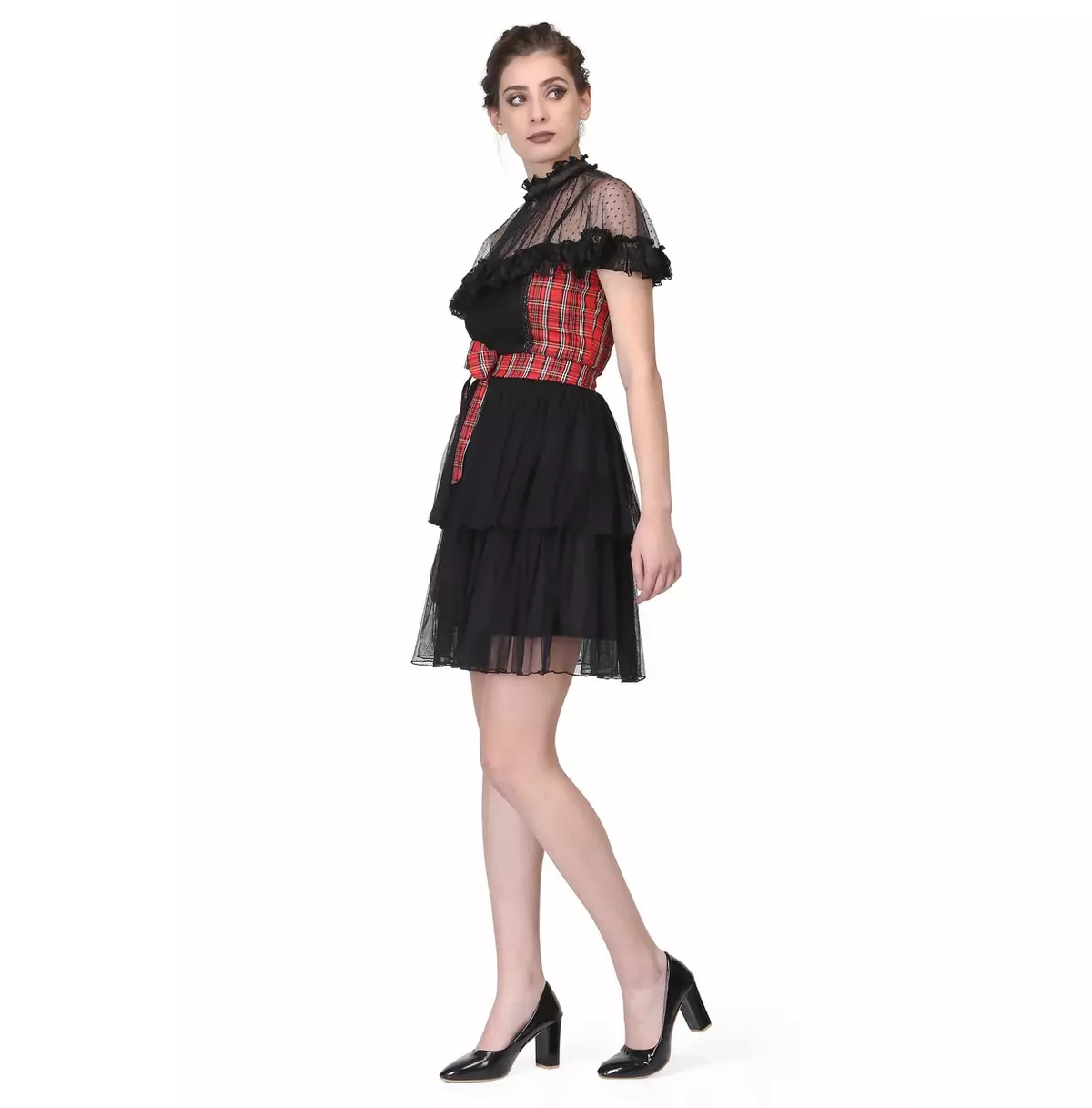 Short Black Gothic Dress With Checkered Print and Sheer Polka Dot Mesh Shoulder Cape