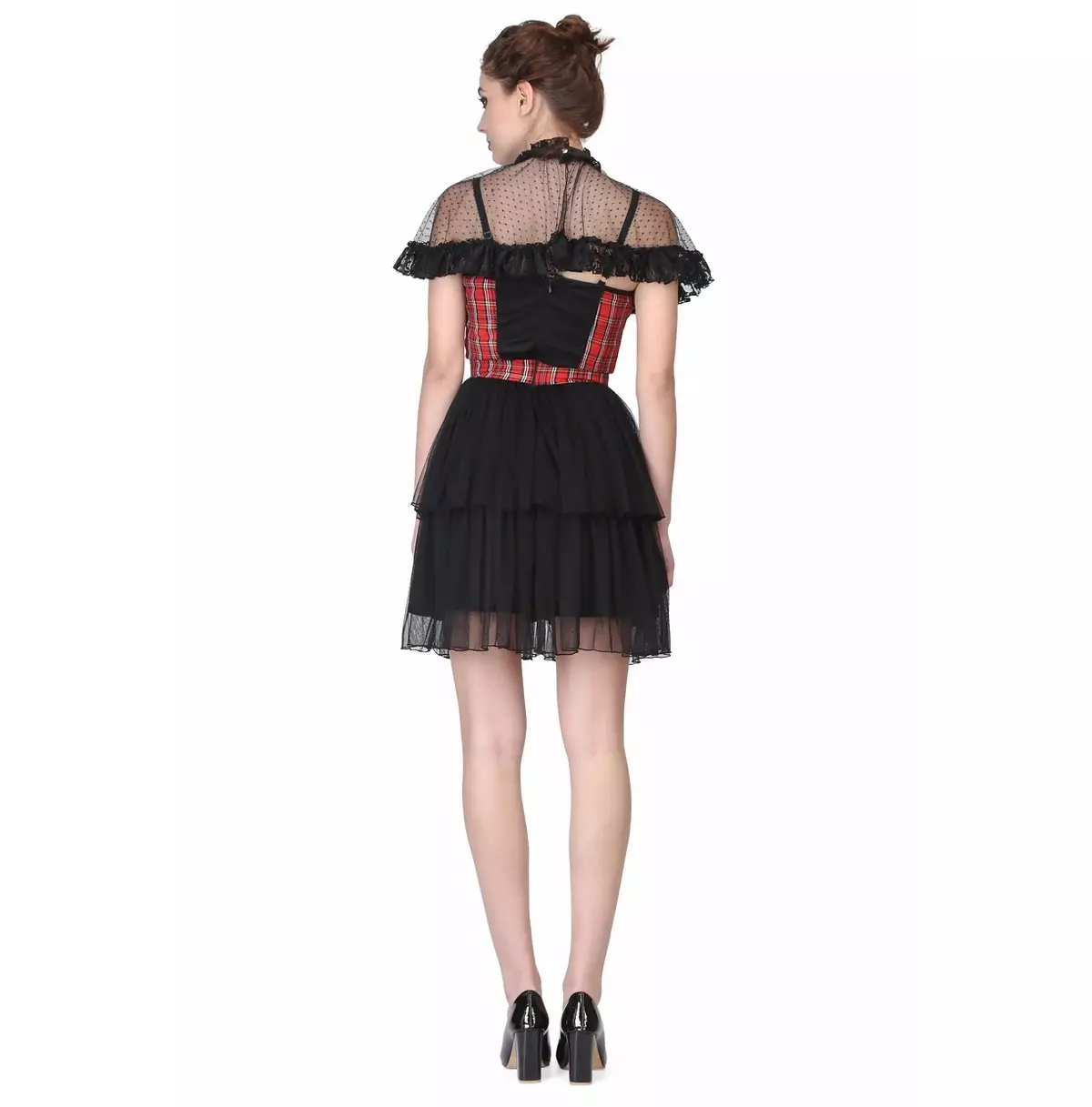 Short Black Gothic Dress With Checkered Print and Sheer Polka Dot Mesh Shoulder Cape