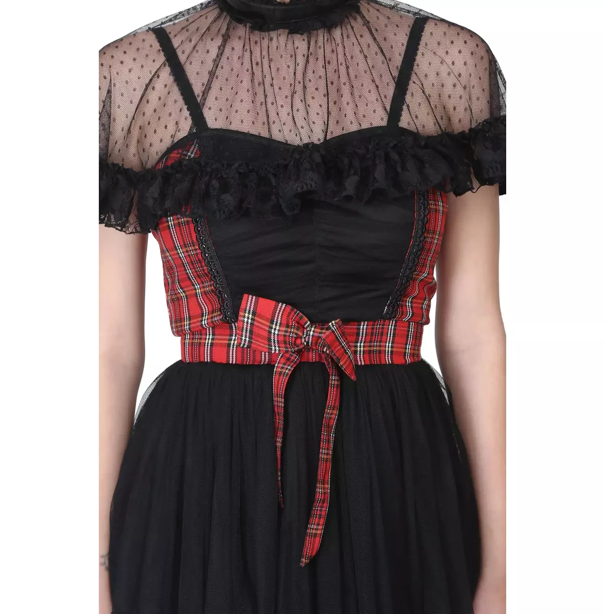 Short Black Gothic Dress With Checkered Print and Sheer Polka Dot Mesh Shoulder Cape