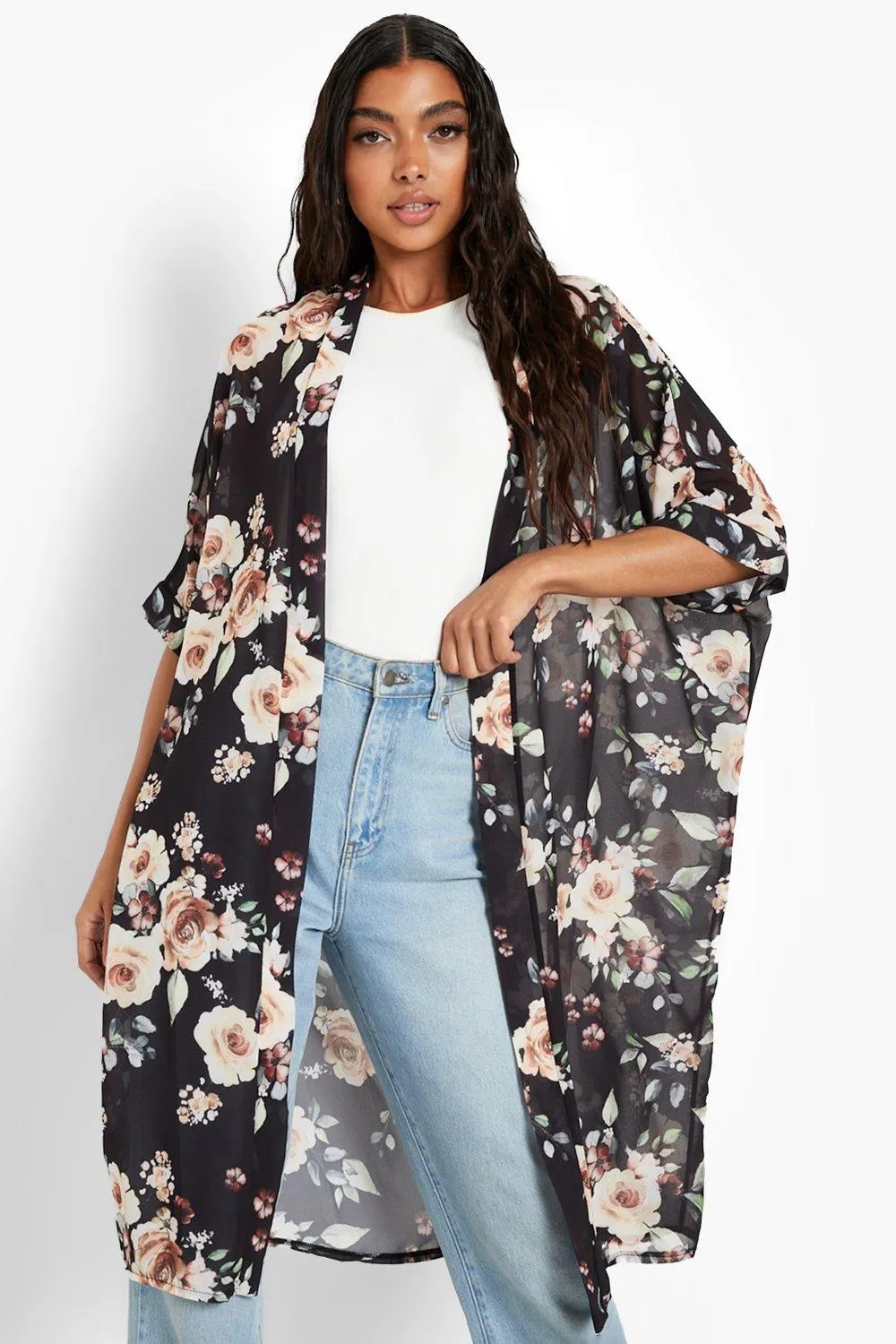 Tall Floral Print Midi Chiffon Kimono