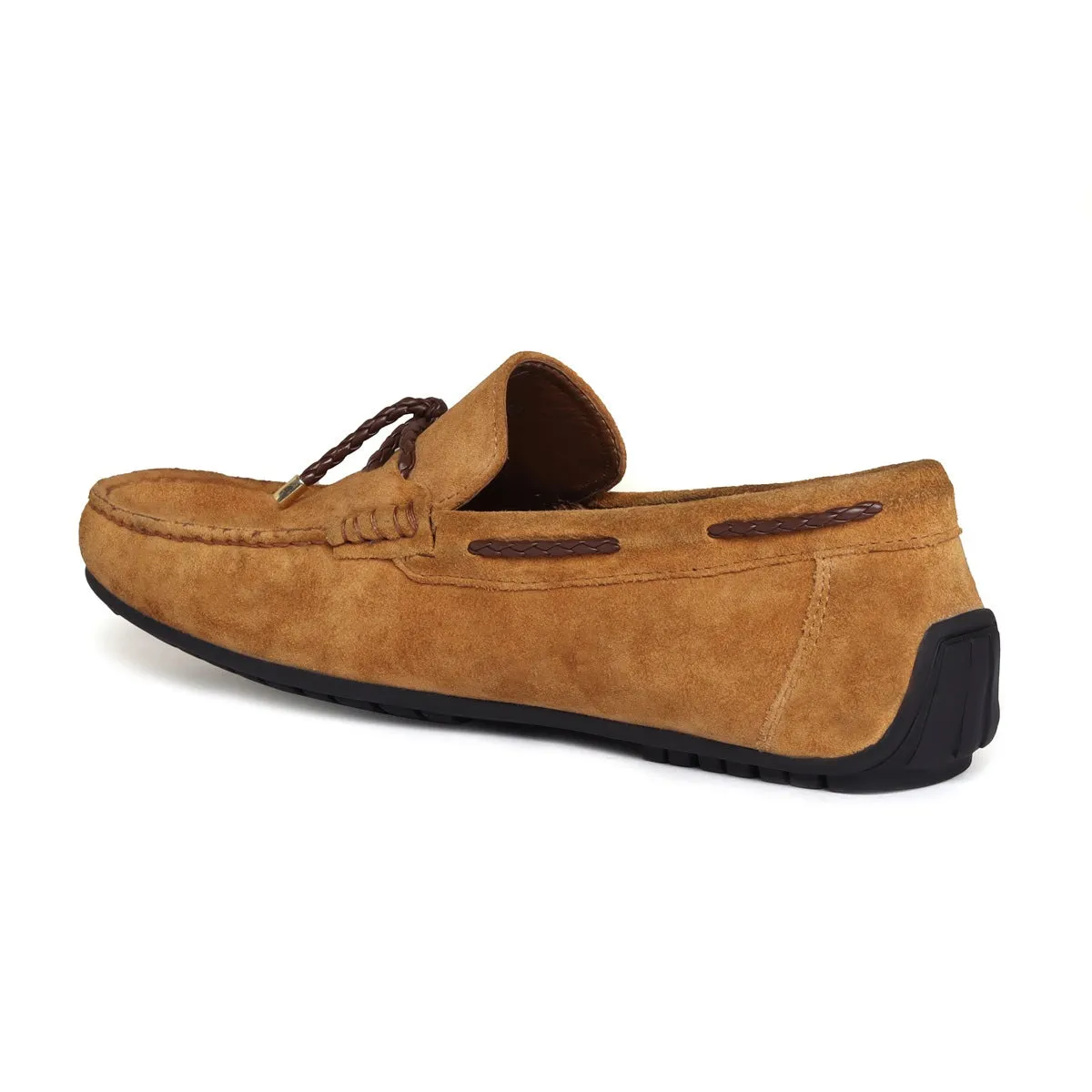 Tassel Bow Loafers in Tan Suede Leather