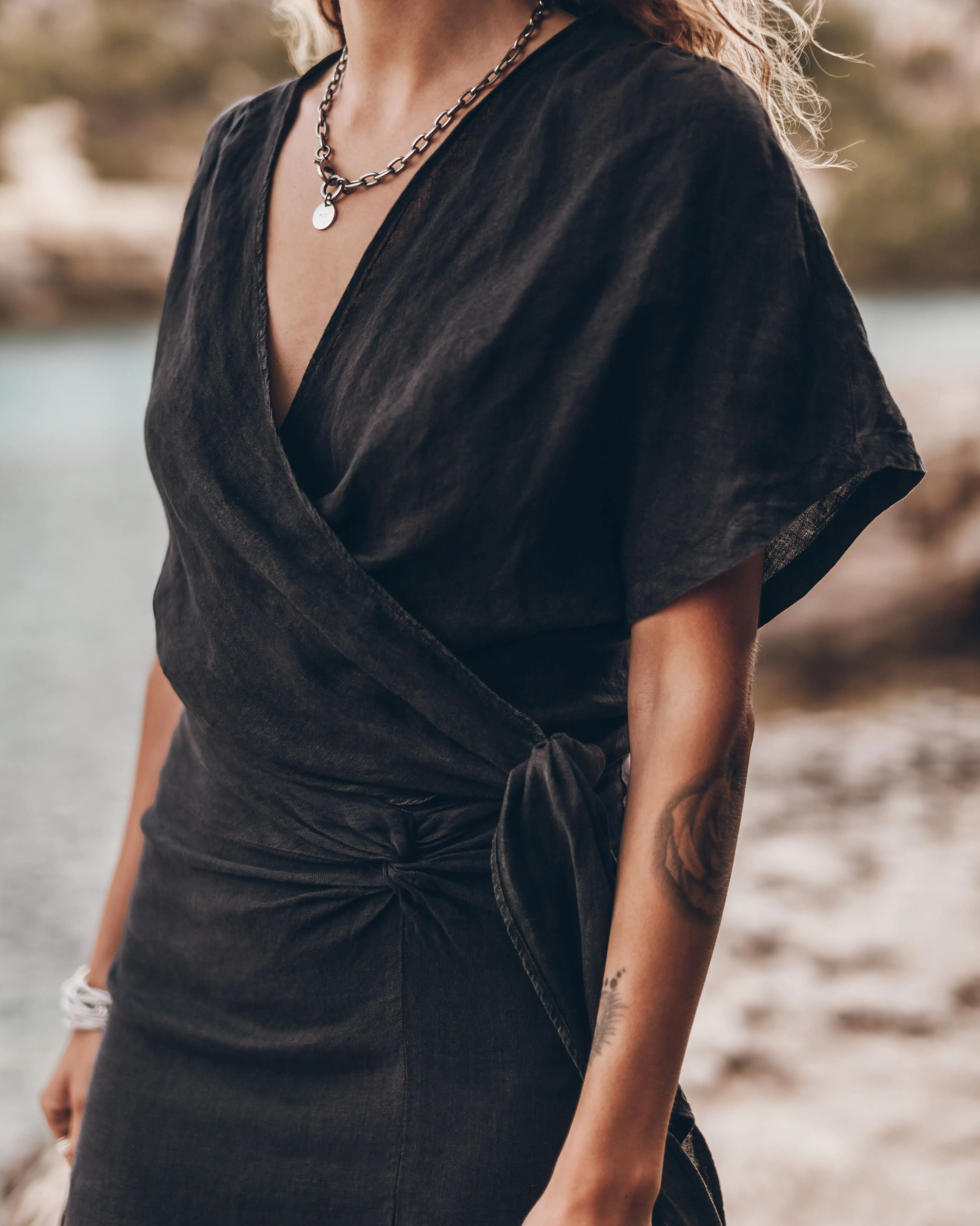 The Dark Linen Wrap Top