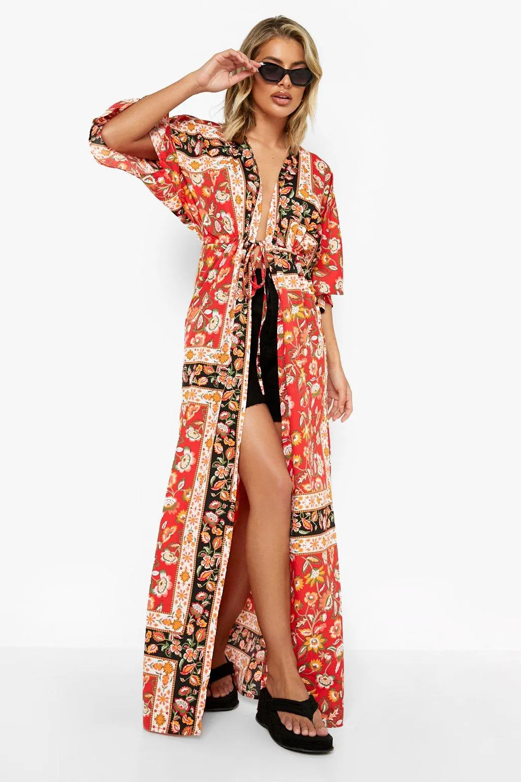 Tie Waist Printed Kimono