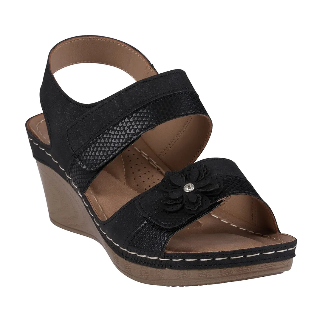 Tulip Velcro Black Double Band Flower Wedge Sandals