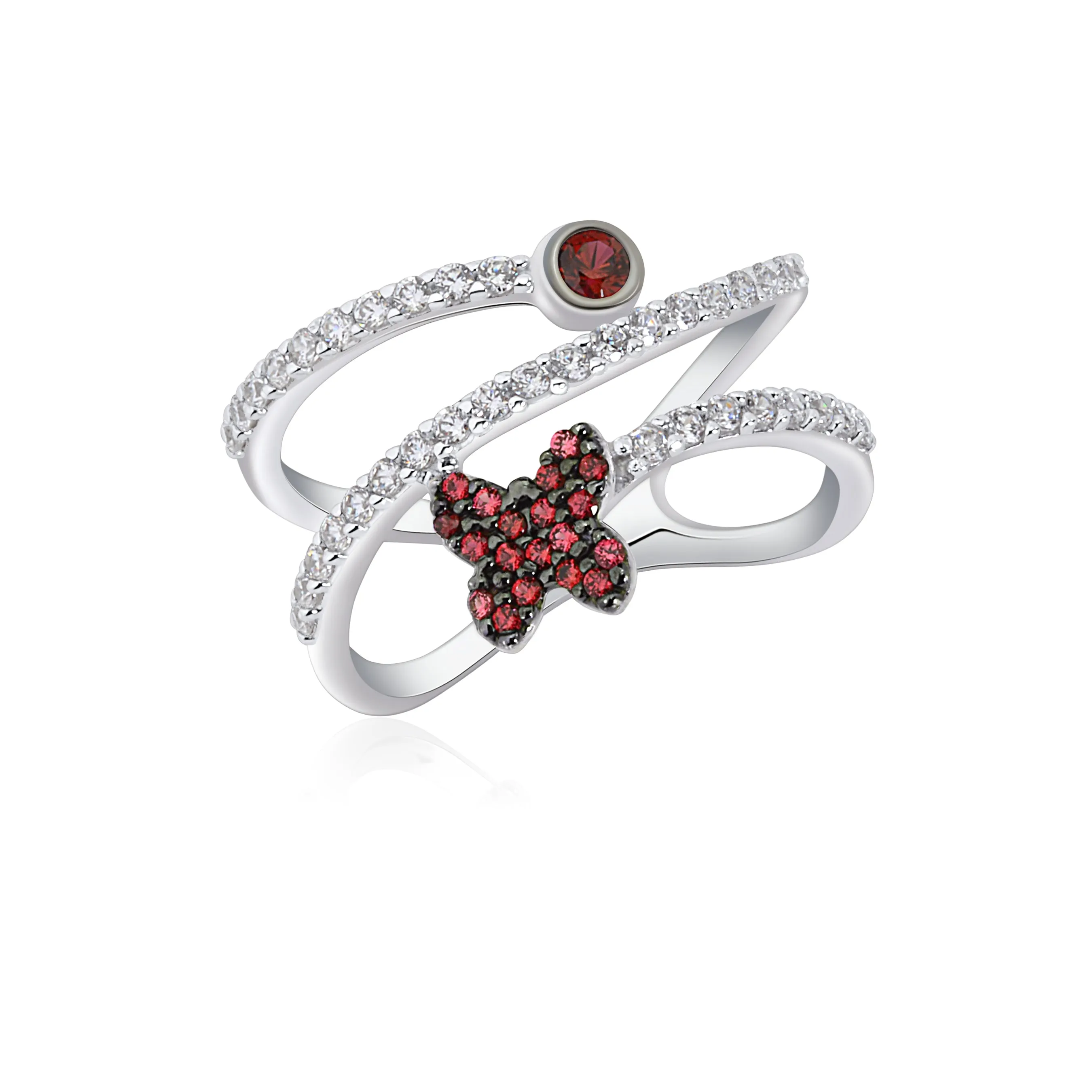 UNICORNJ 14K White Gold Wrap Around Ring with Red Green or Blue Butterfly Accent and Bezel Set CZ Italy