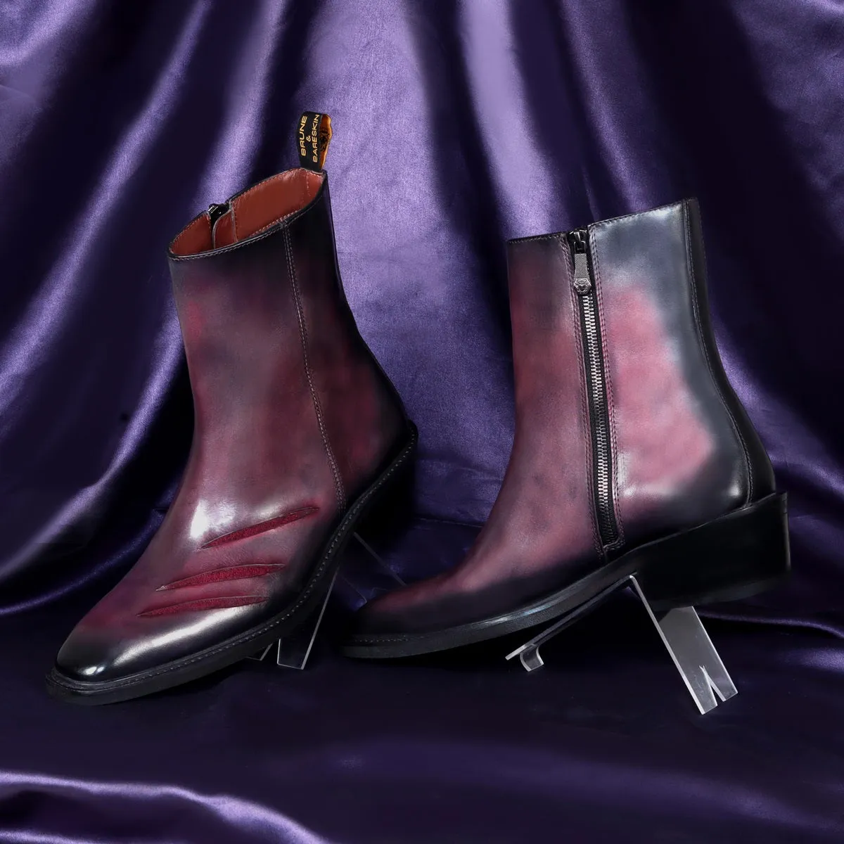 Werewolf Scratch Inspired Leather Boots in Purple-Grey Light Weight Cuban Heel by Brune & Bareskin