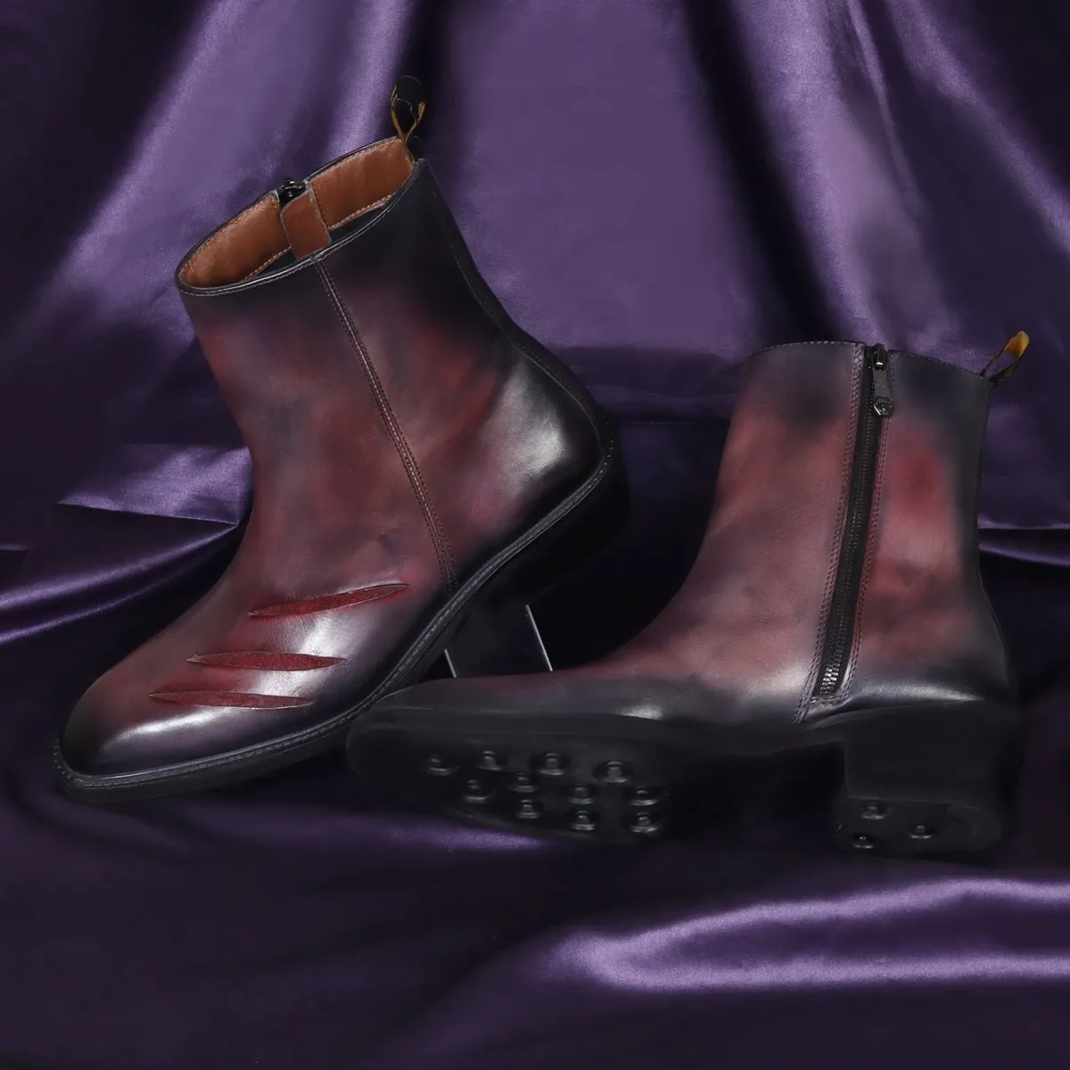 Werewolf Scratch Inspired Leather Boots in Purple-Grey Light Weight Cuban Heel by Brune & Bareskin