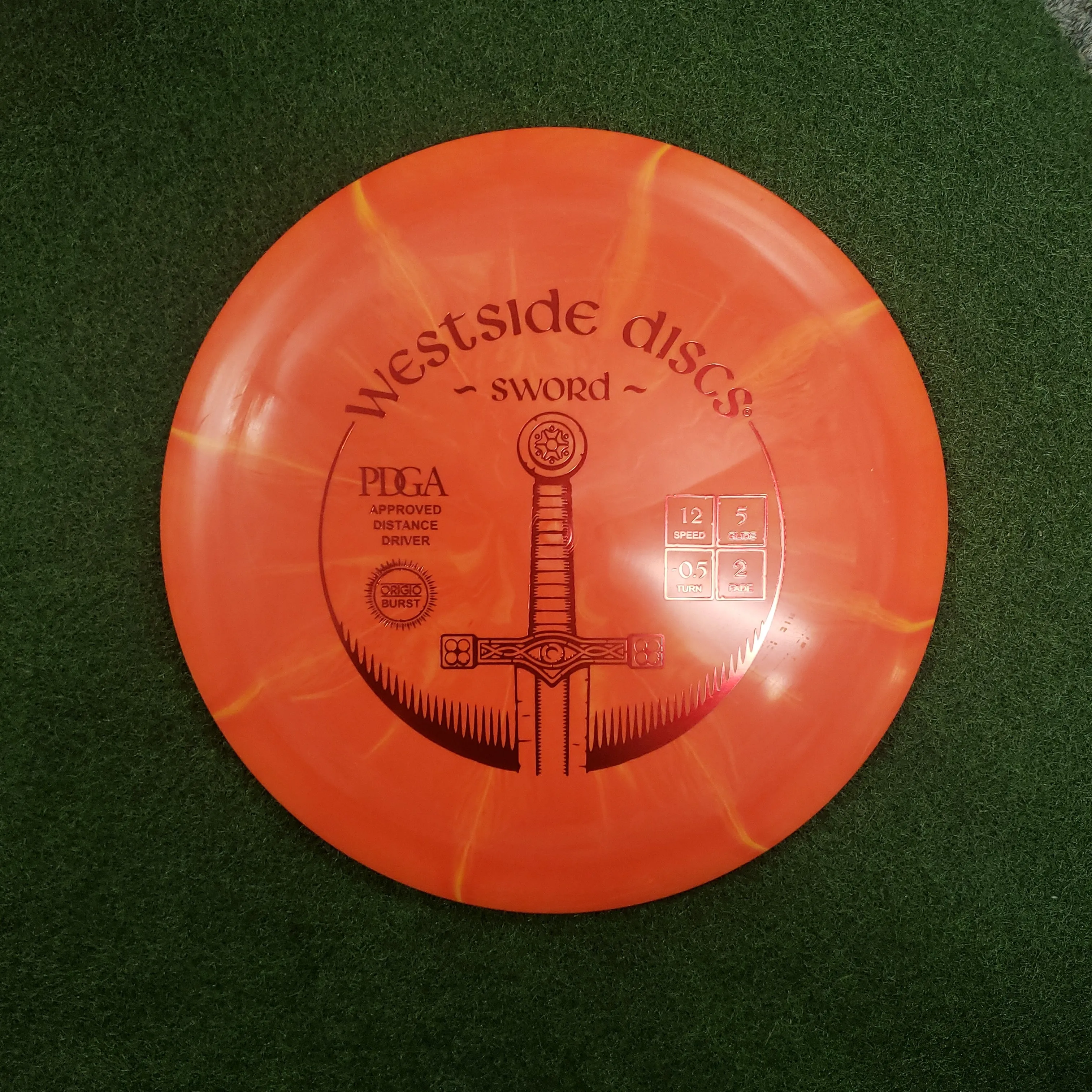 Westside Discs Sword Golf Disc - Stable Distance Driver with Speed 12, Glide 5, Turn -.5, and Fade 2