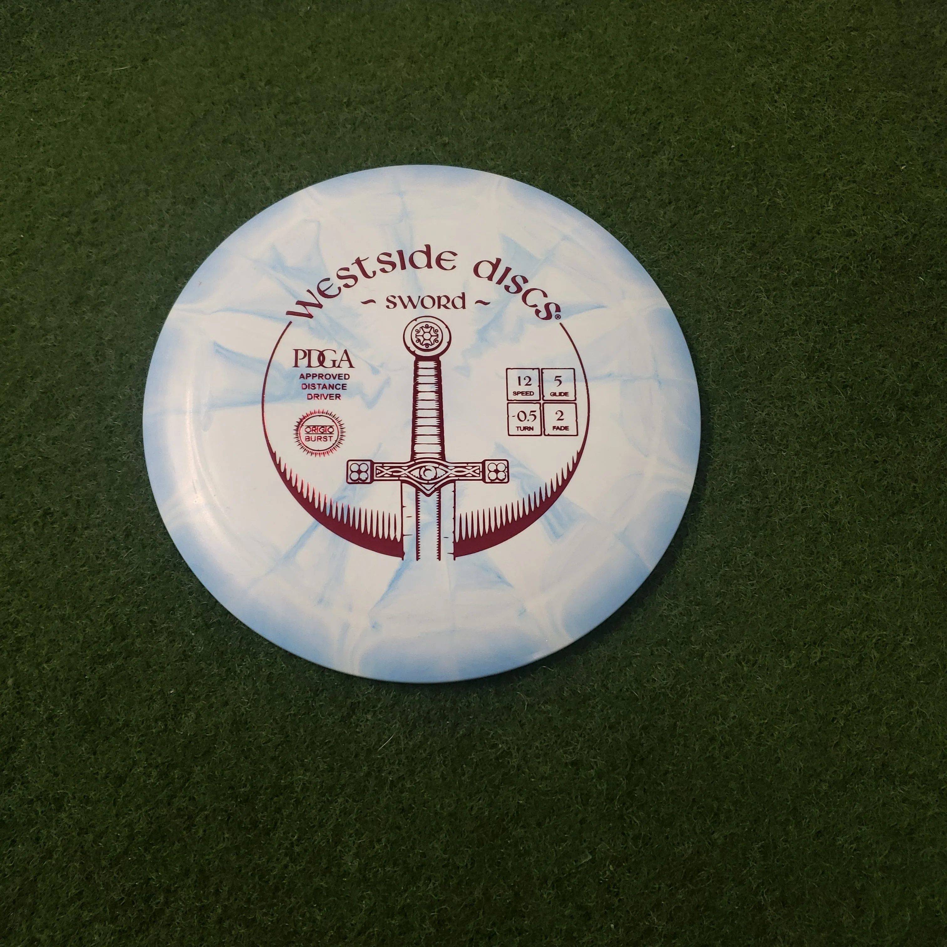 Westside Discs Sword Golf Disc - Stable Distance Driver with Speed 12, Glide 5, Turn -.5, and Fade 2