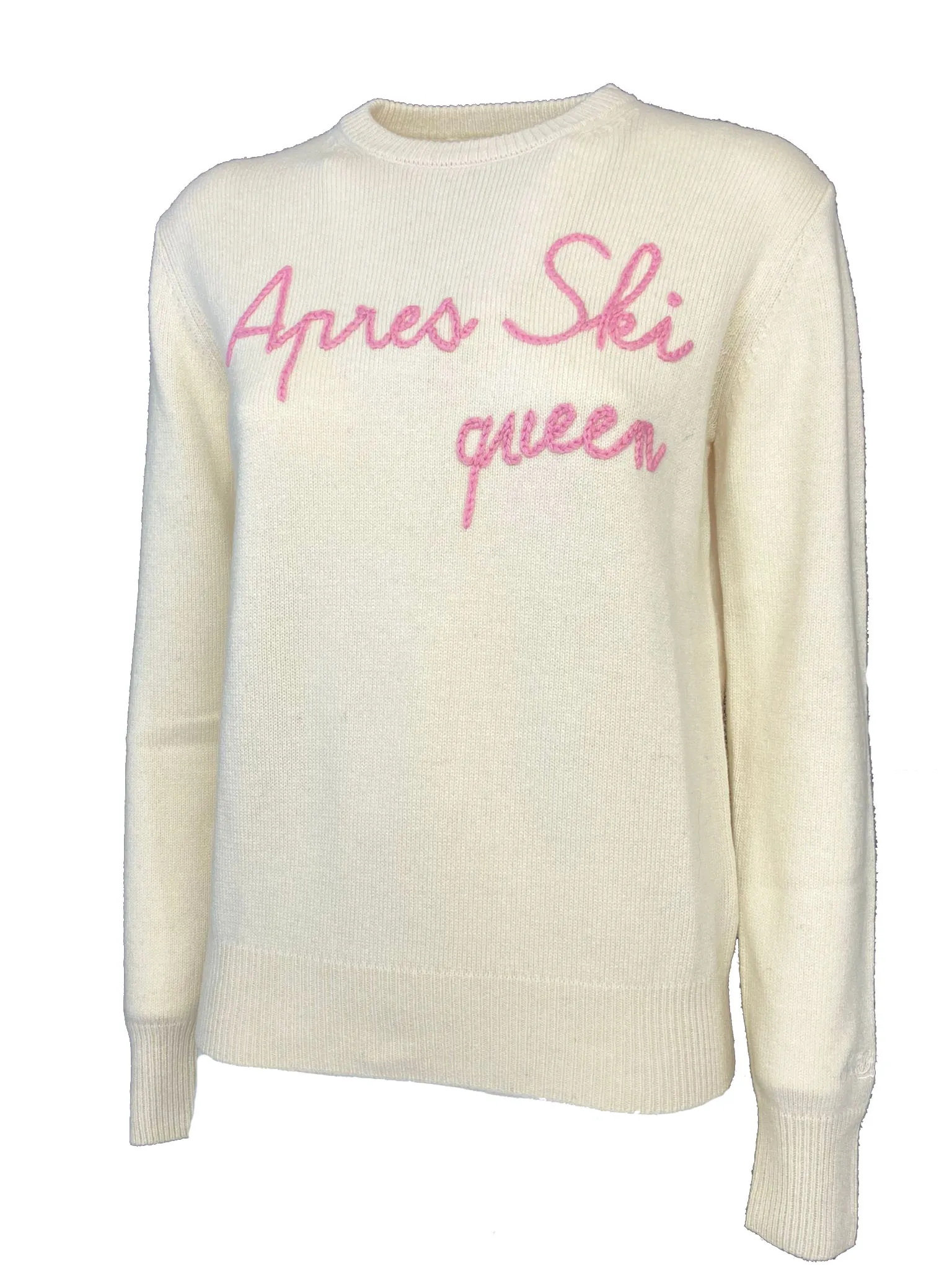 White embroidered après ski queen pullover.