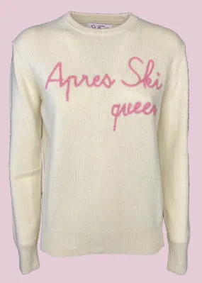 White embroidered après ski queen pullover.