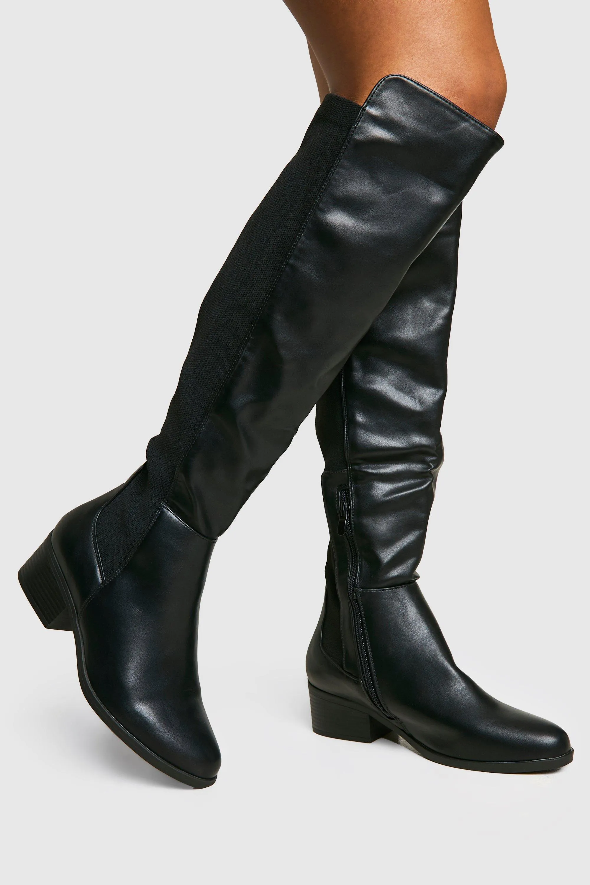 Wide Width Elastic Panel Detail Knee High Boots