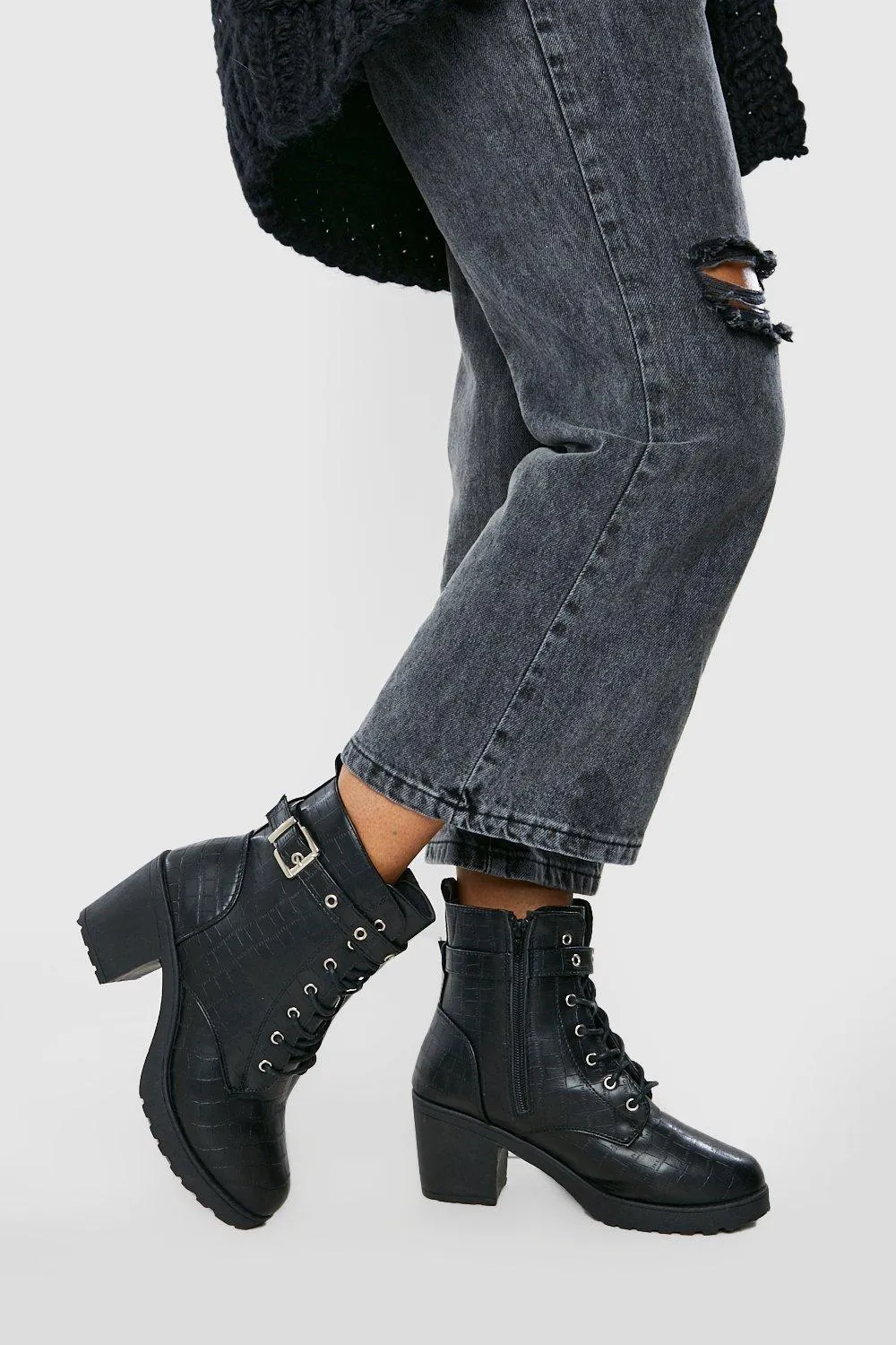 Wide Width Heeled Side Buckle Croc Combat Boots