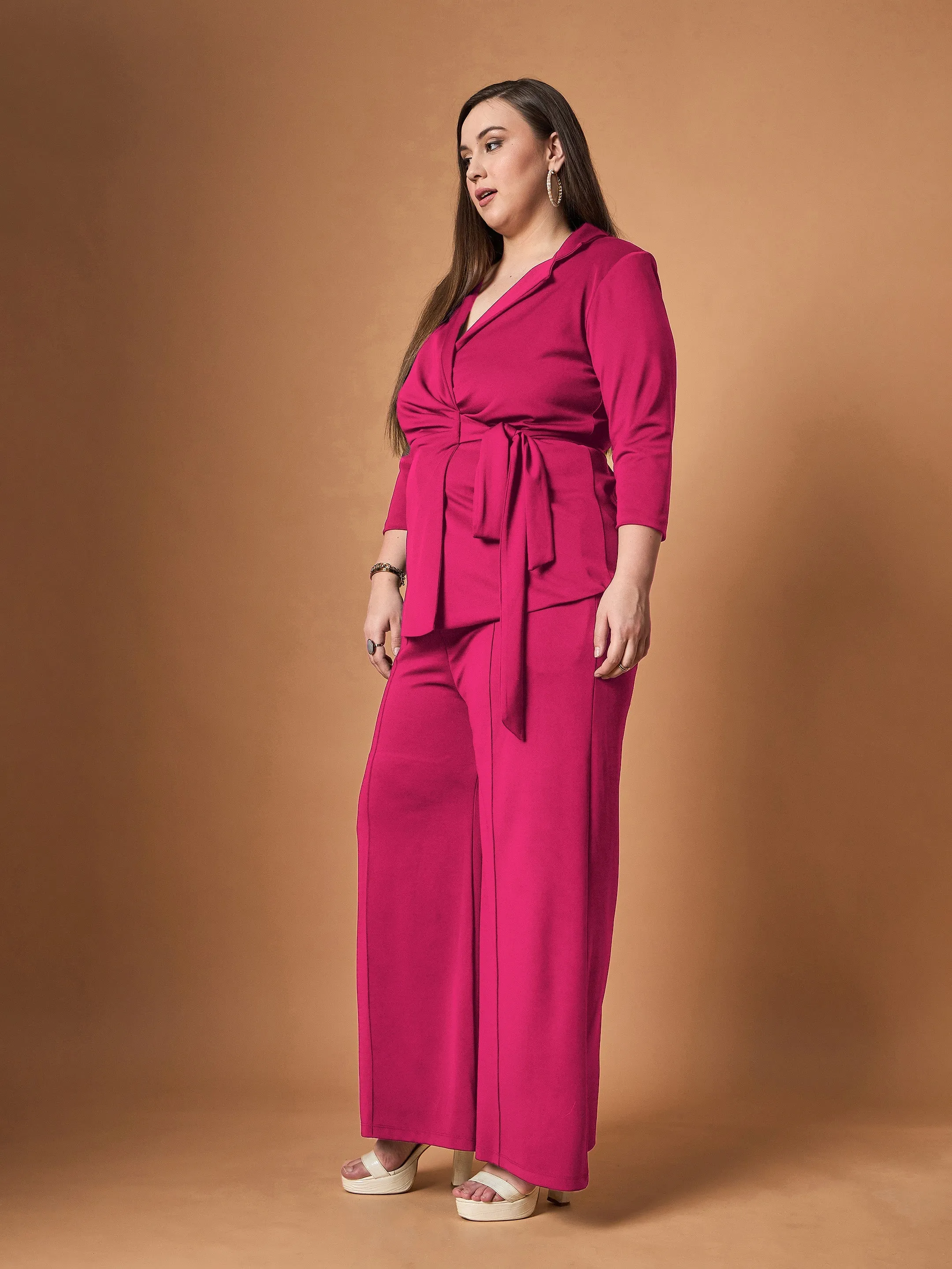 Women Fuchsia Knotted Wrap Top With Straight Pants