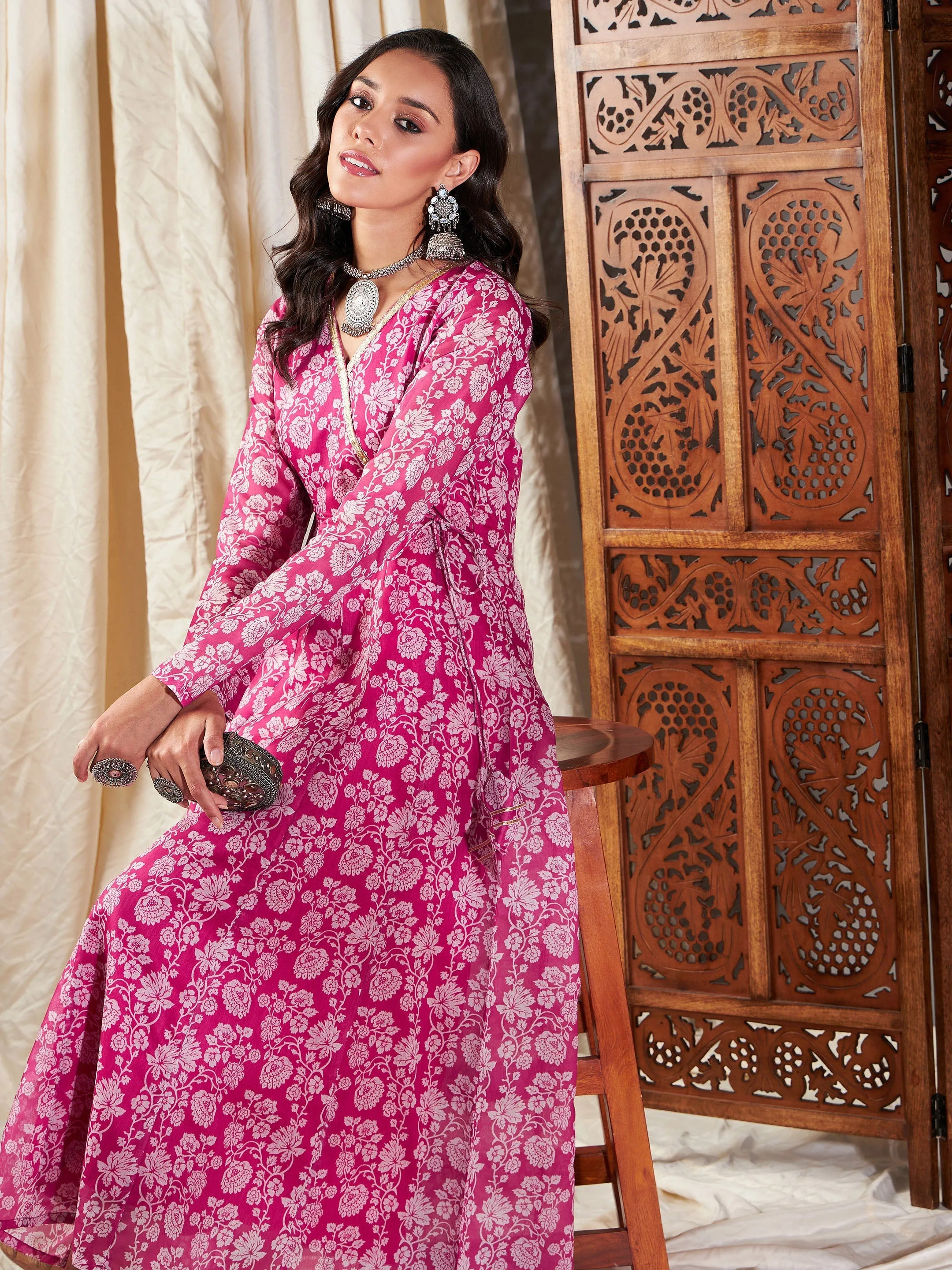 Women Pink Floral Wrap Anarkali Dress