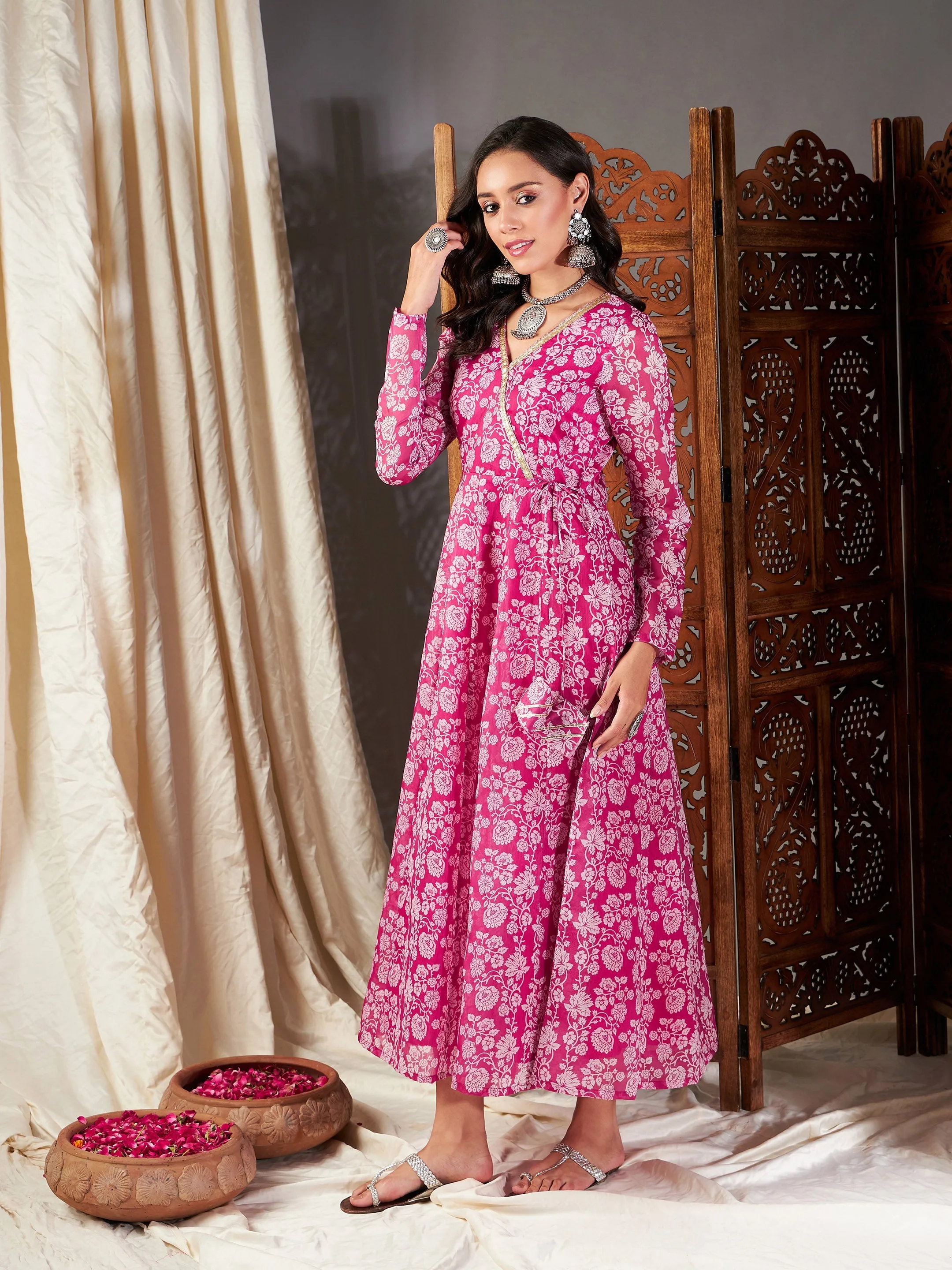 Women Pink Floral Wrap Anarkali Dress