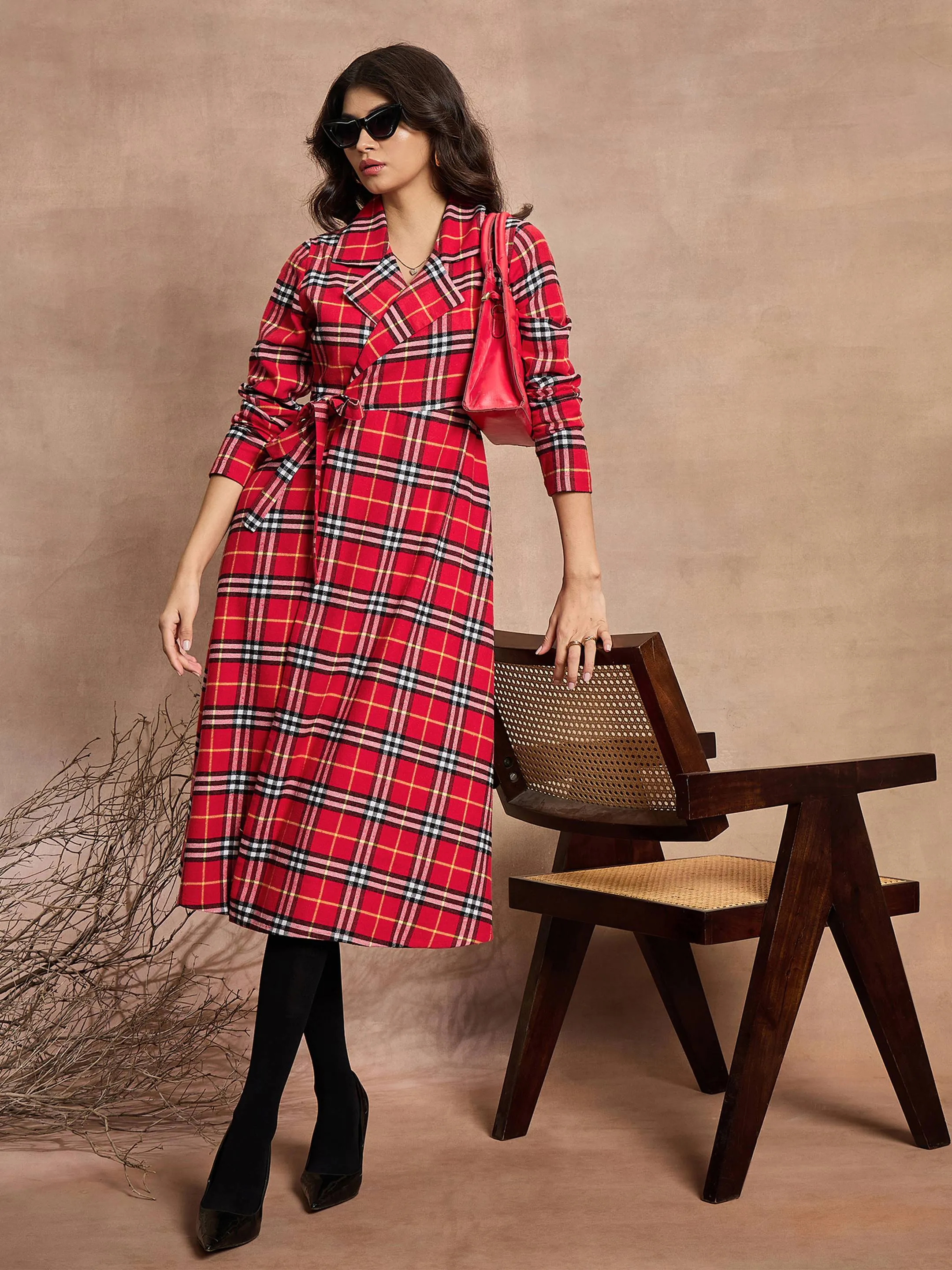 Women Red Check Wrap Tie-Up Midi Dress