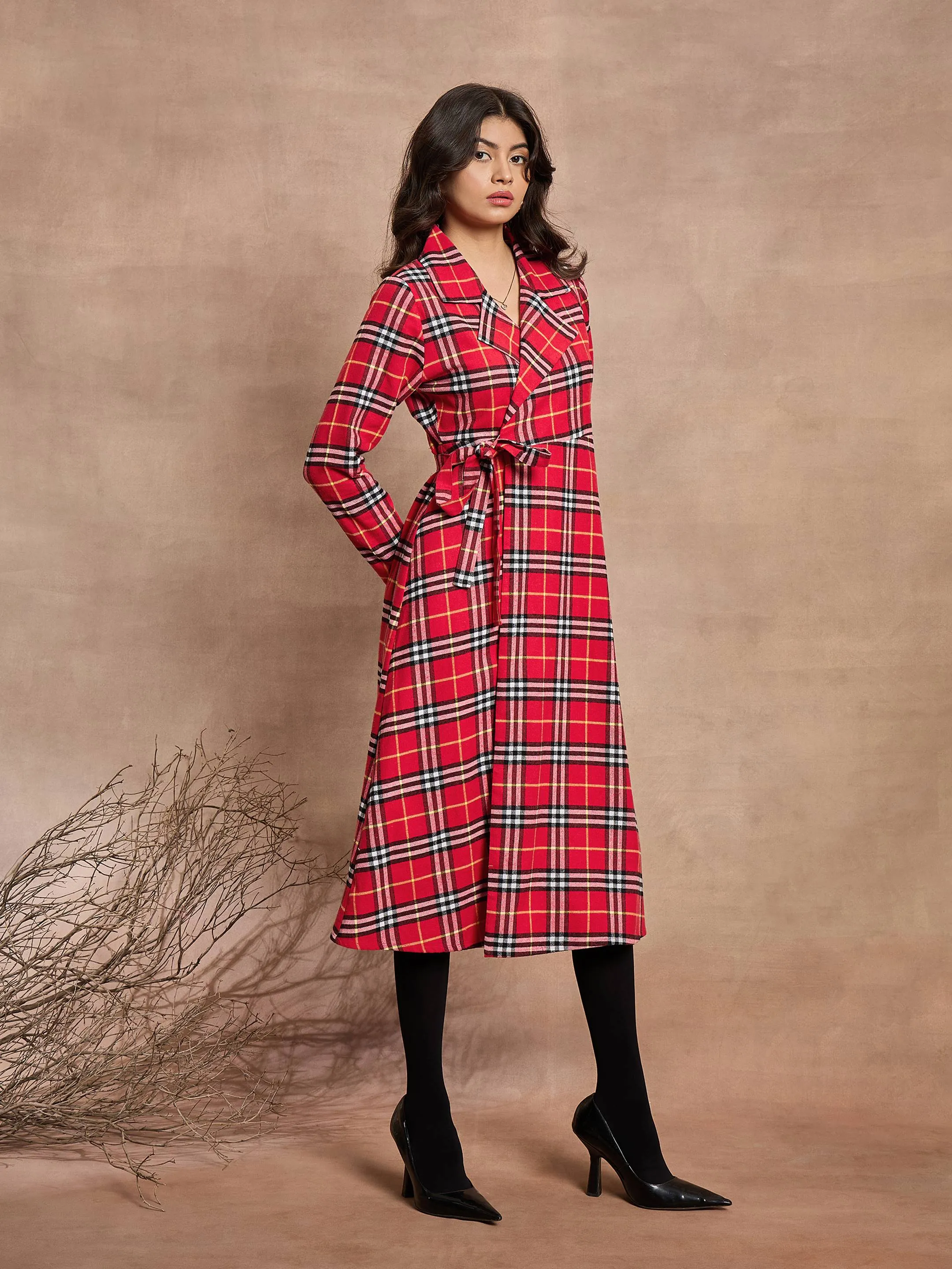 Women Red Check Wrap Tie-Up Midi Dress