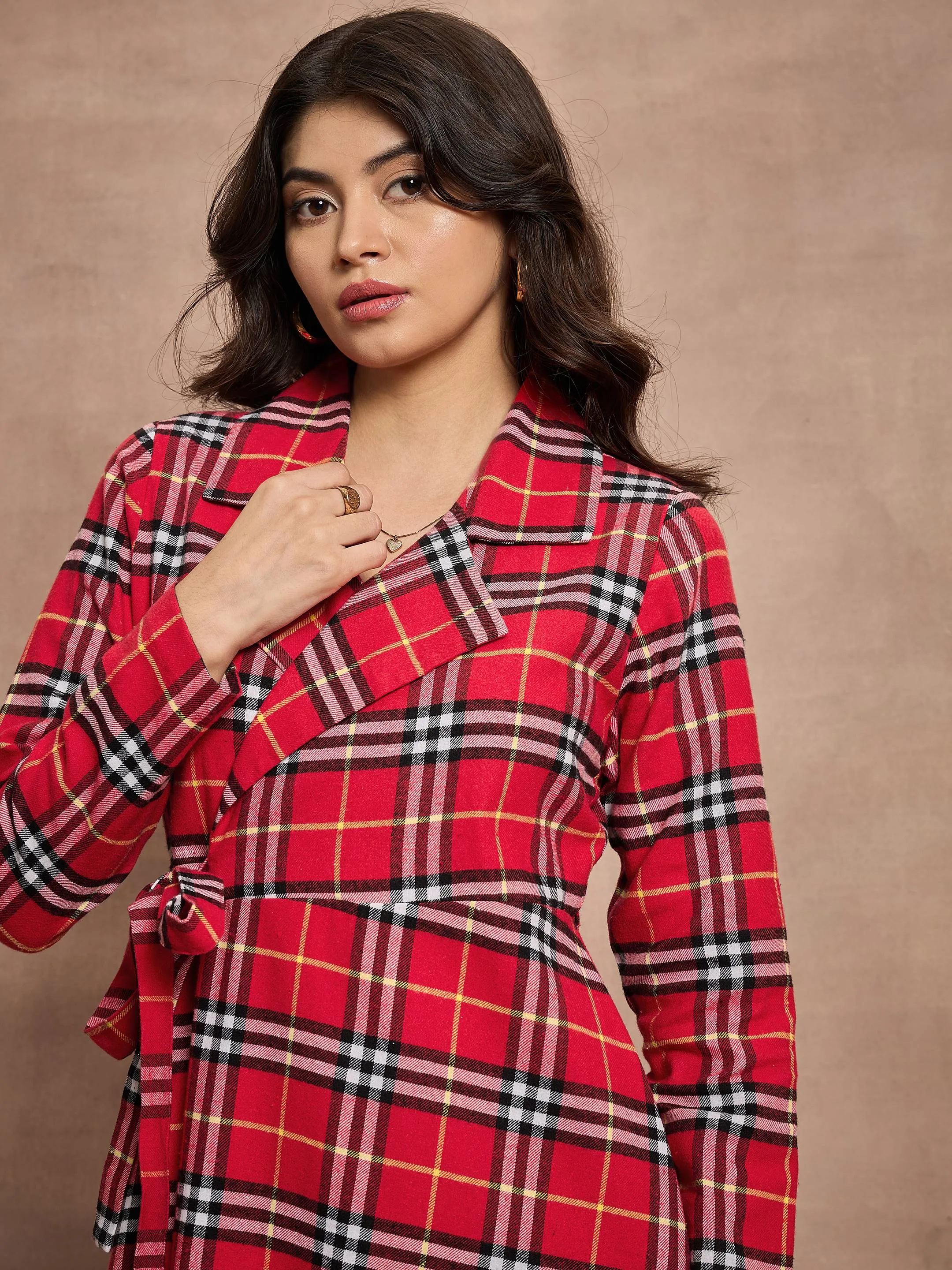 Women Red Check Wrap Tie-Up Midi Dress