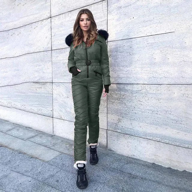 Womens Ski Jumpsuit Windproof Hooded Fur Ashore Shop