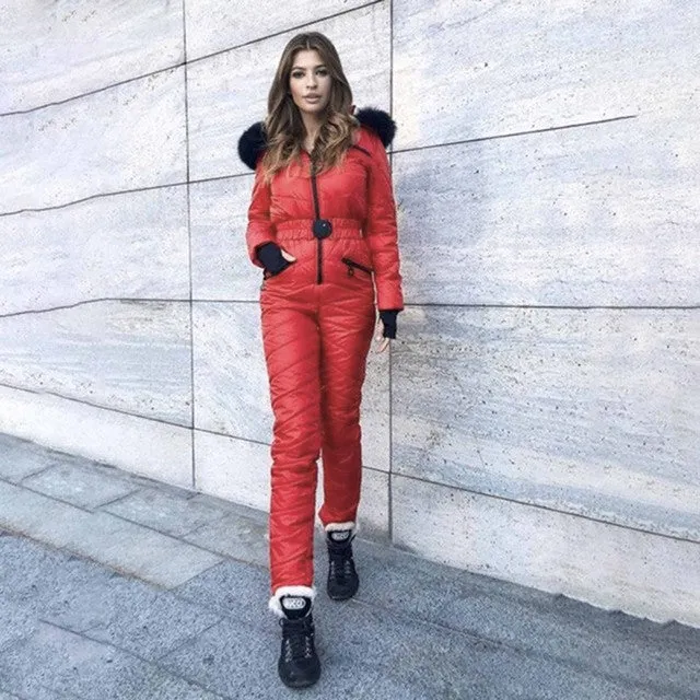 Womens Ski Jumpsuit Windproof Hooded Fur Ashore Shop