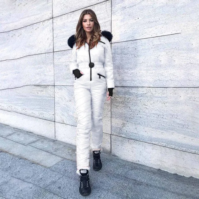 Womens Ski Jumpsuit Windproof Hooded Fur Ashore Shop