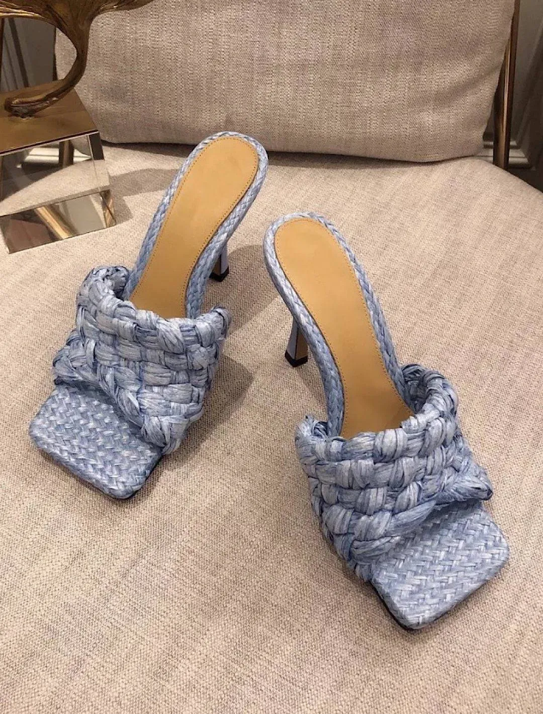 woven straw high heeled mules for sale