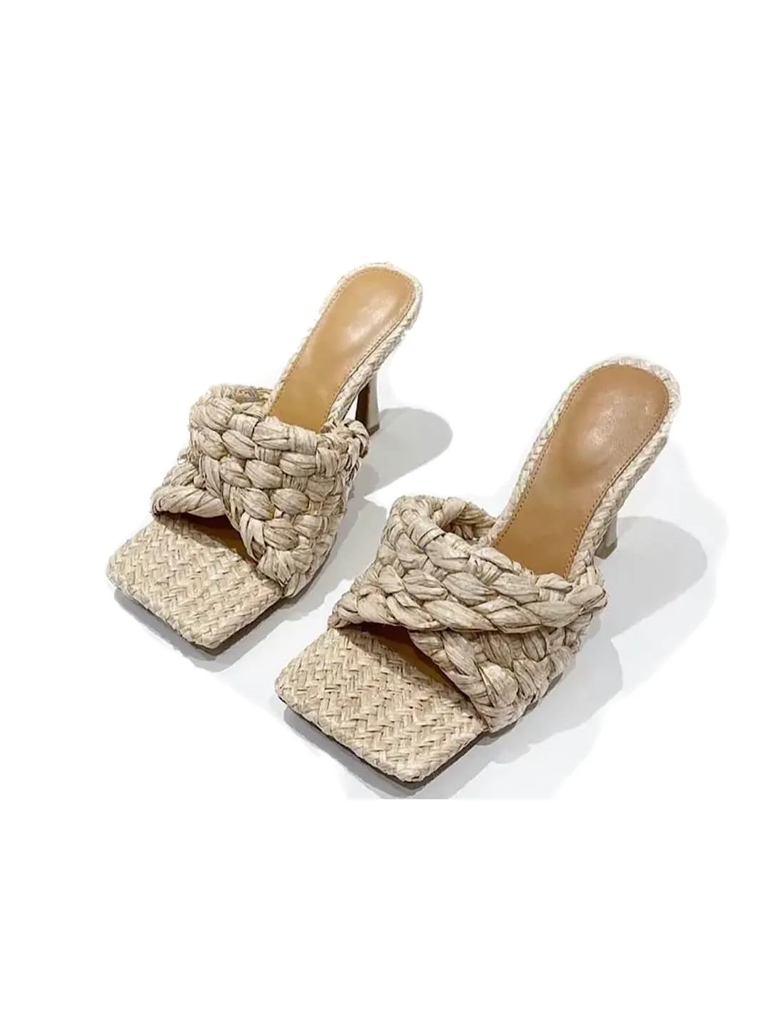 woven straw high heeled mules for sale