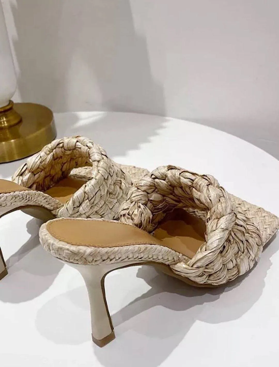 woven straw high heeled mules for sale