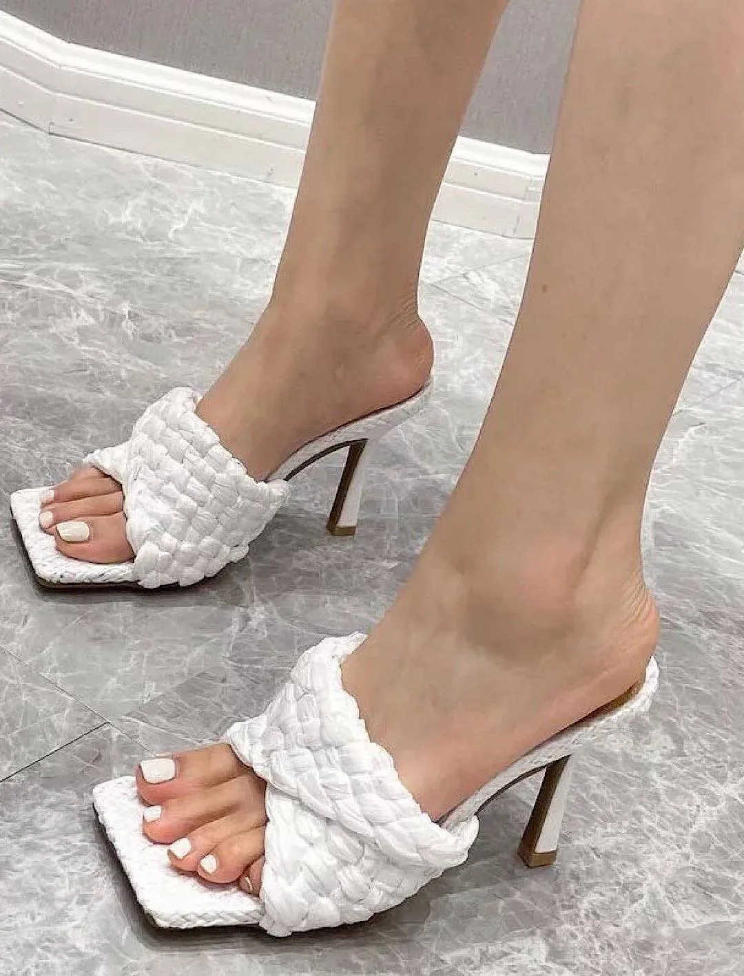 woven straw high heeled mules for sale