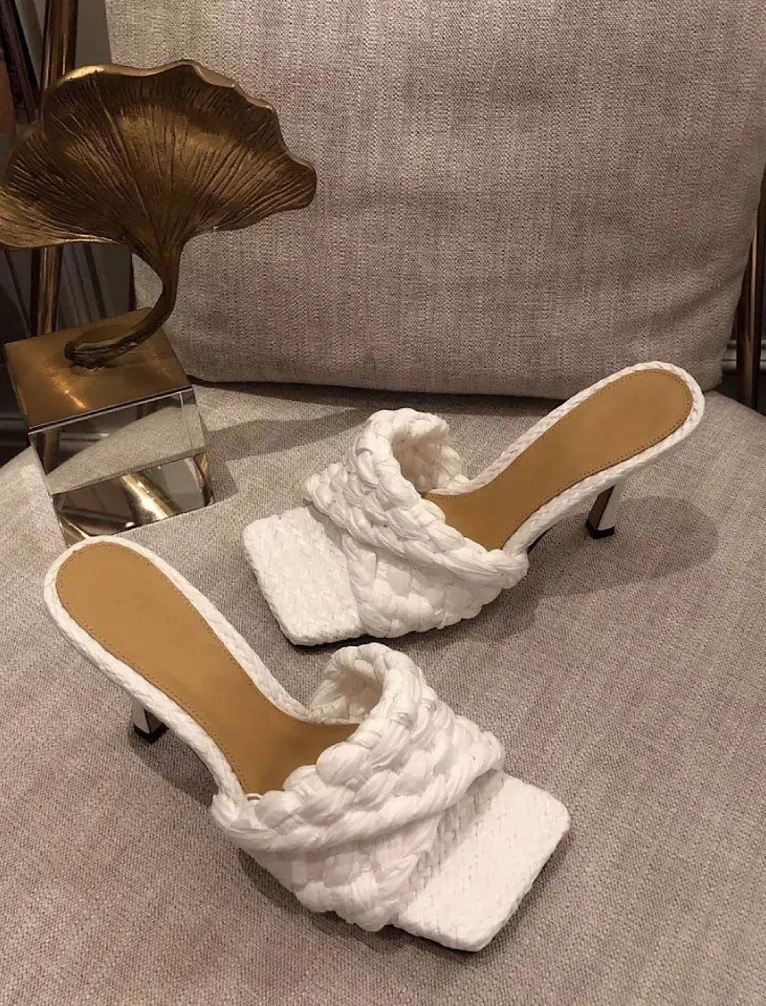 woven straw high heeled mules for sale