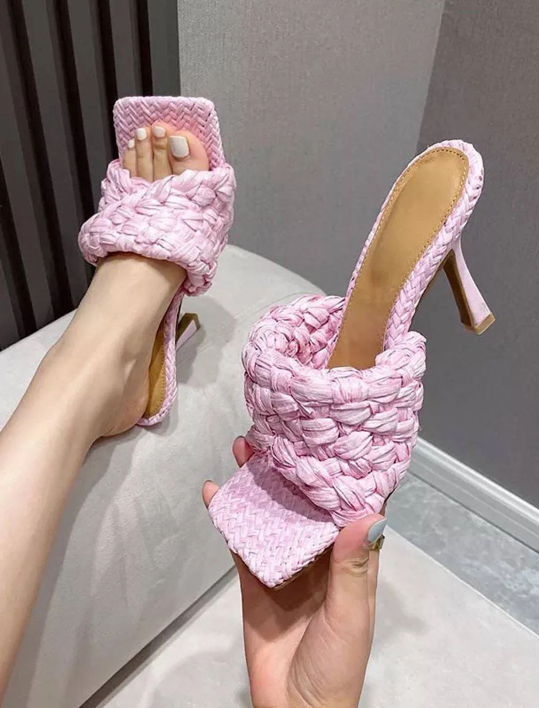 woven straw high heeled mules for sale