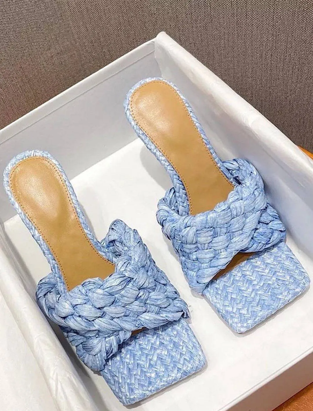 woven straw high heeled mules for sale