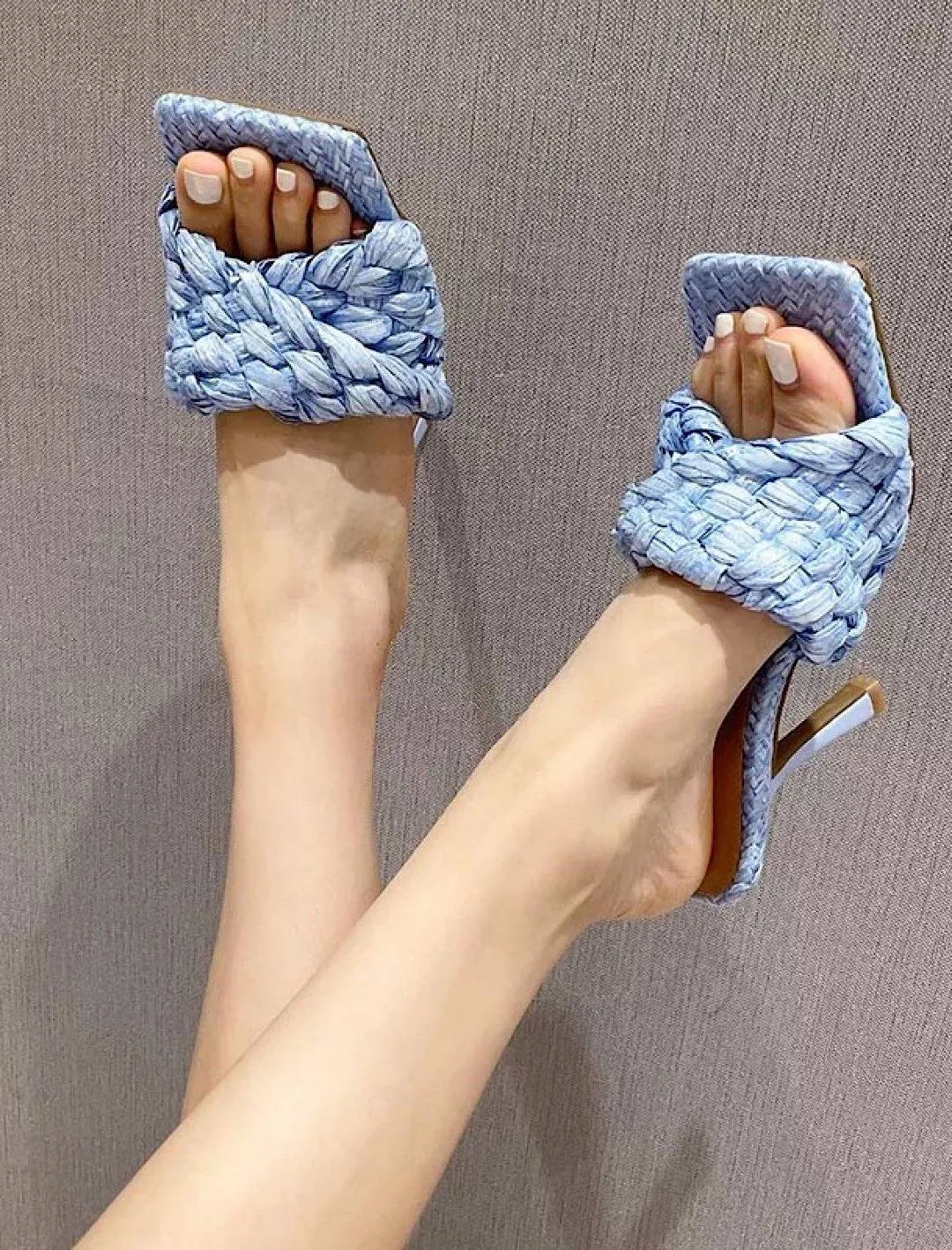 woven straw high heeled mules for sale